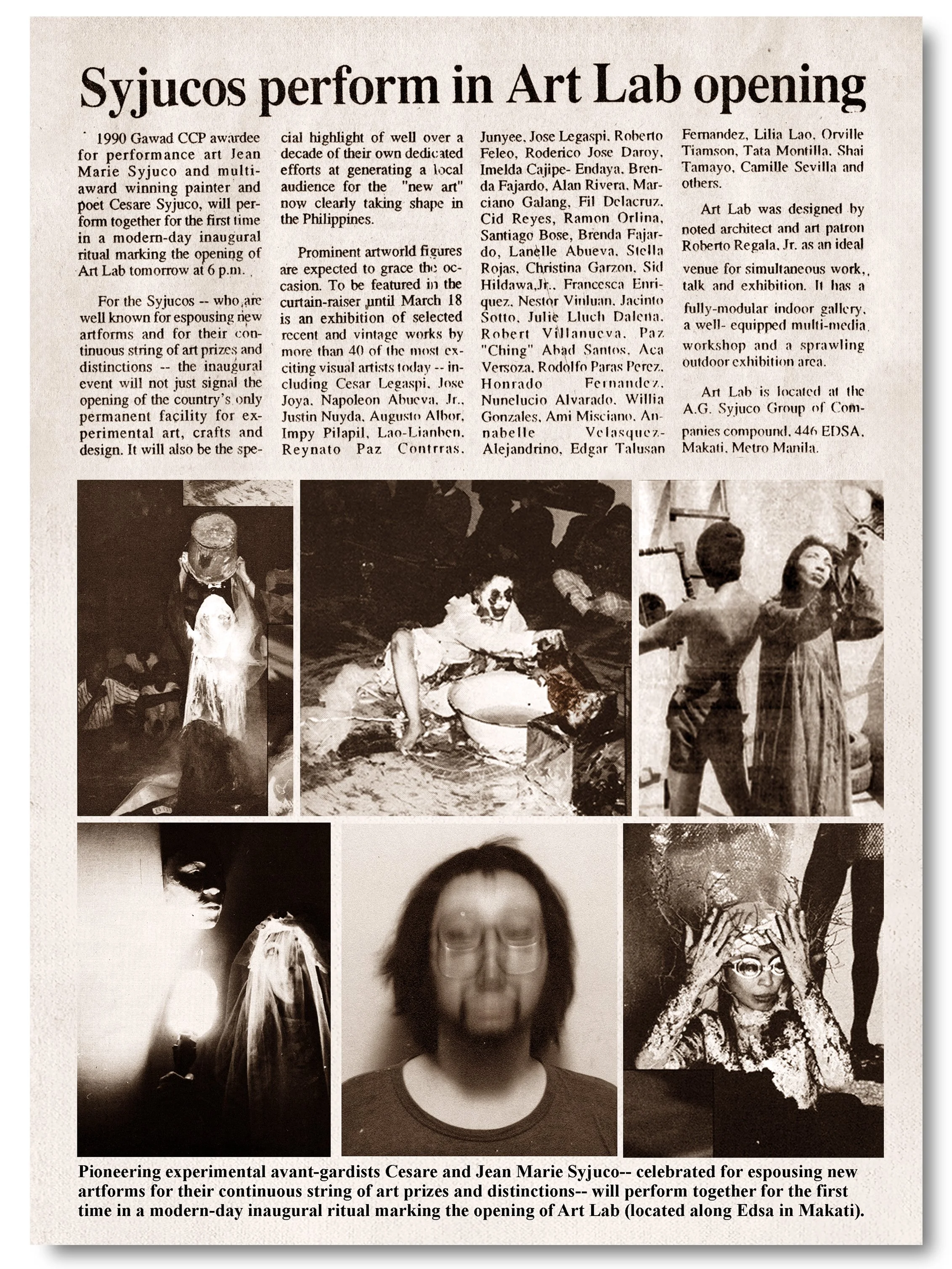 A newspaper article about the opening of art lab by cesare and Jean Marie Syjuco - 1990s - art perfomance - art lab the Syjuco museum - artist portraits
