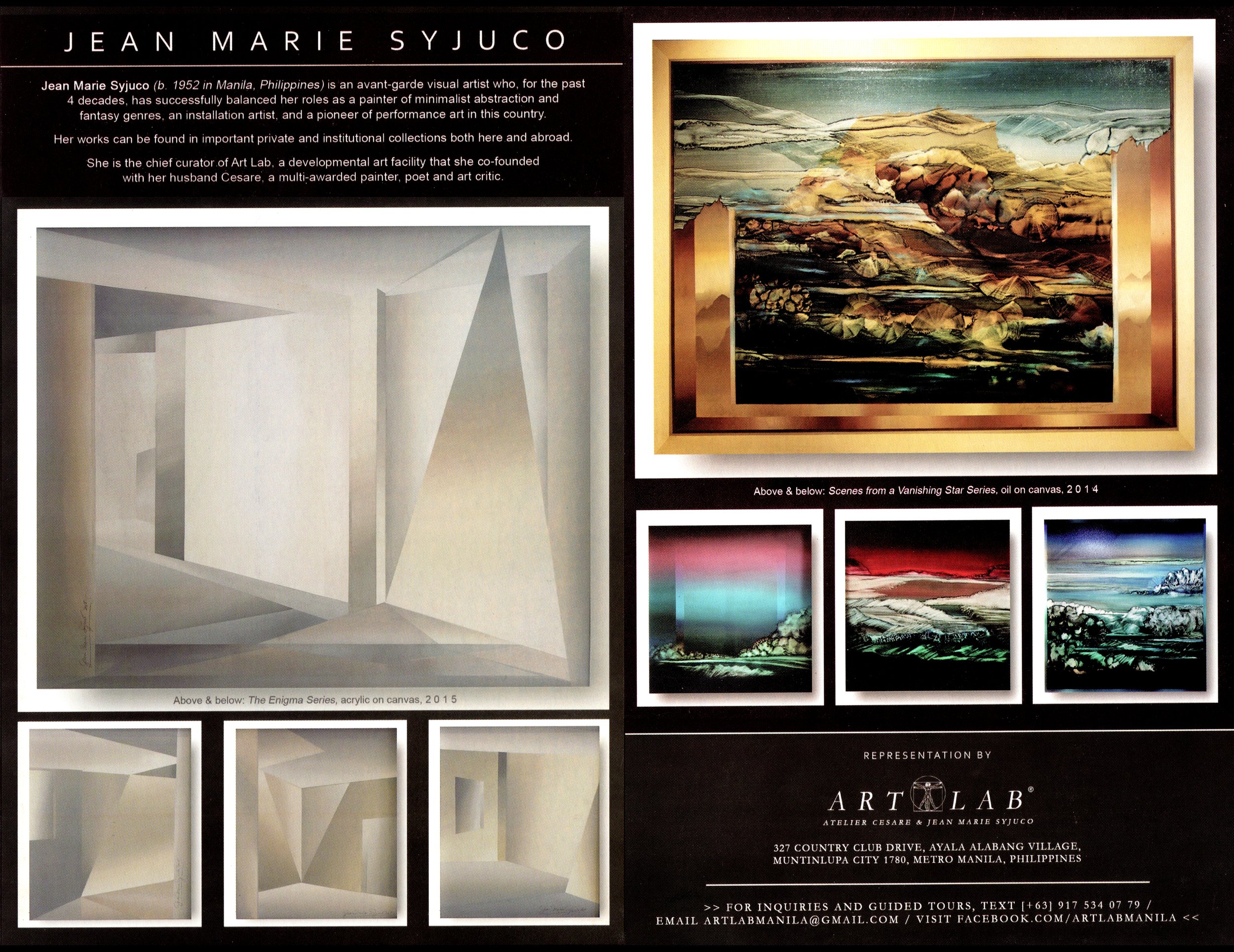 The image shows a display board featuring various artworks by artist Jean Marie Syjuco. On the right, there is a colorful painting titled "Scenes from a Vanishing Star Series," created with oil on canvas in 2014, depicting abstract, mountainous lands