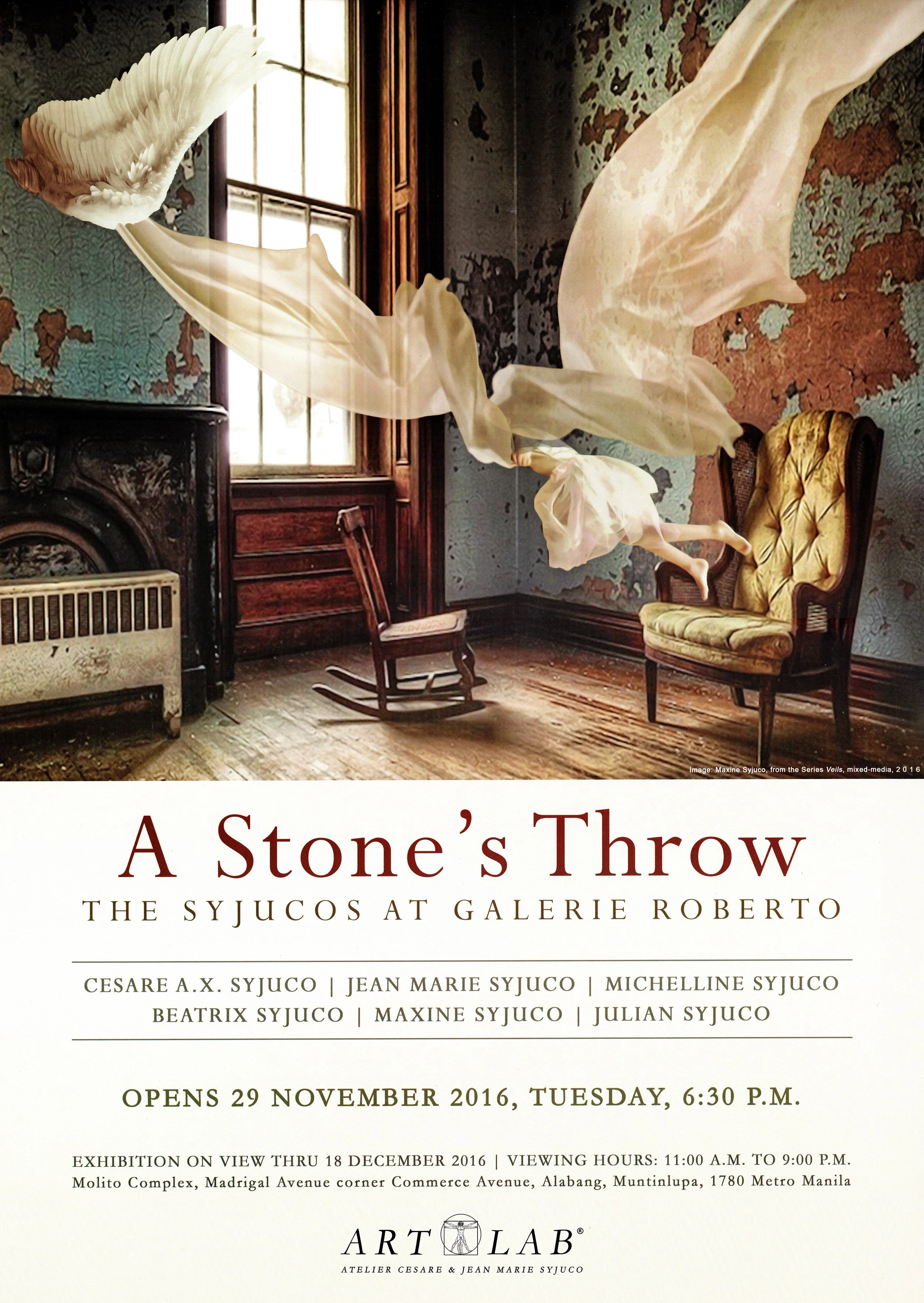 An art poster titled "A Stone's Throw" featuring an artwork and painting by Maxine Syjuco. The exhibit is at Galerie Roberto in Alabang and features the Syjuco family of artists. Art Lab: The Syjuco Museum. Library and Archives Collection.