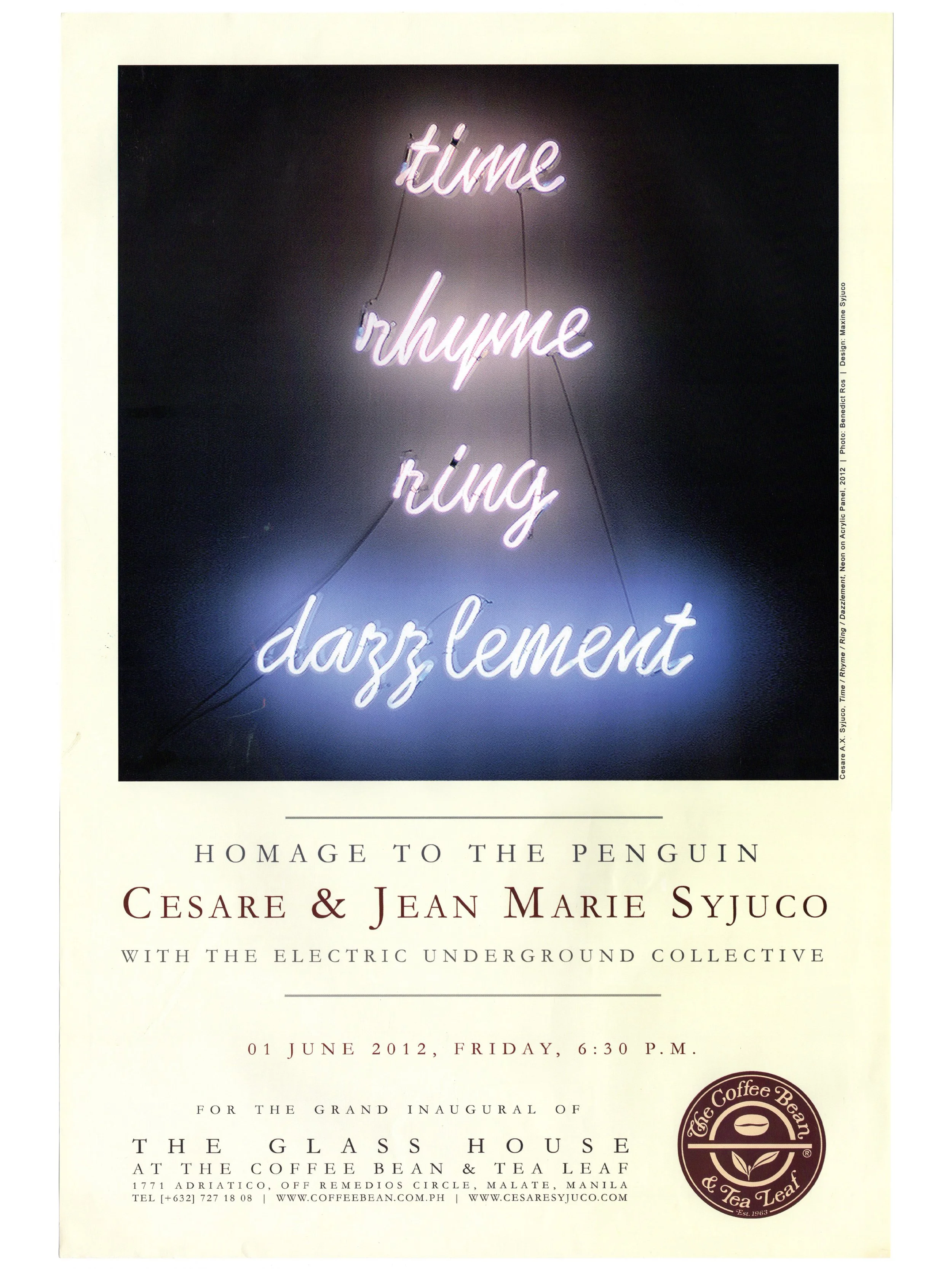 Cesare A.X. Syjuco • Jean Marie Syjuco: "Homage to the Penguin - Cesare & Jean Marie Syjuco with The Electric Underground Collective", The Glass House at The Coffee Bean & Tea Leaf (2012) - Art by Cesare A.X. Syjuco "Time / Rhyme / Ring / Dazzlement,