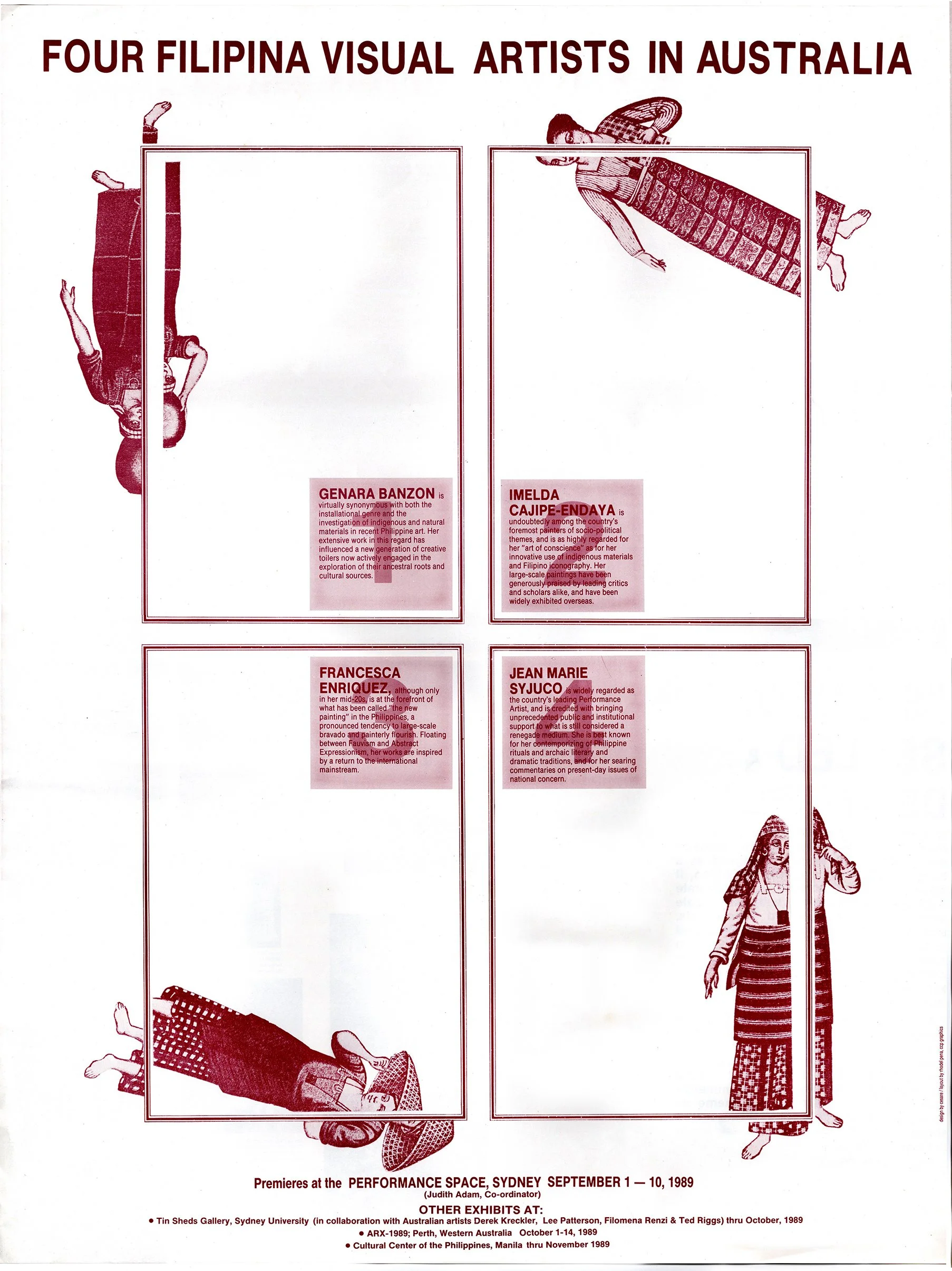 Poster for an art exhibition titled "Four Filipina Visual Artists in Australia," held at the Performance Space in Sydney from September 1 to 10, 1989. Features sketches of four women and text describing the artists and exhibition details.