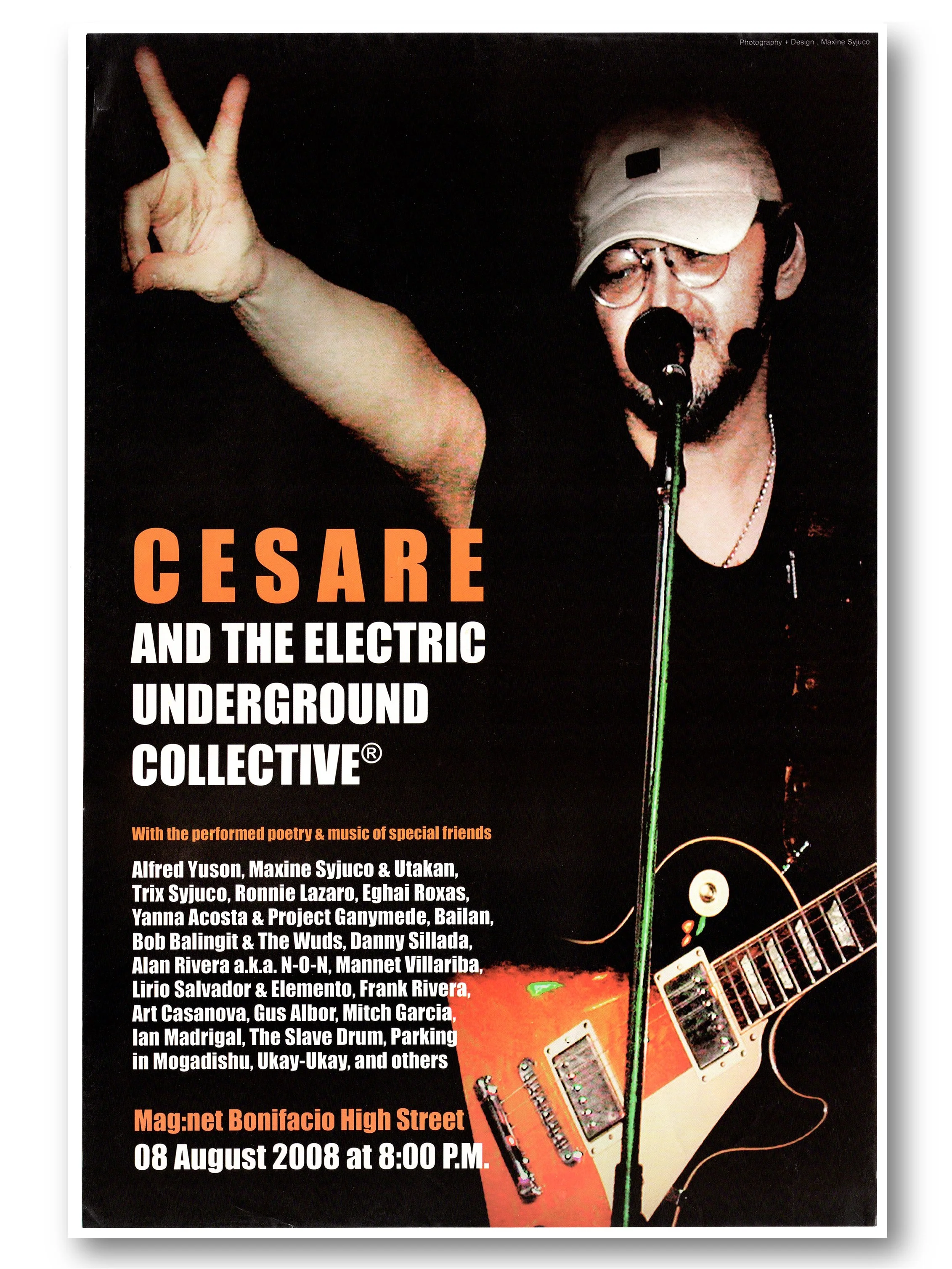 Concert poster for Cesare and the Electric Underground Collective, featuring a person wearing glasses and a cap, giving a peace sign with their hand. The event is scheduled for August 8, 2008, at Magnet Bonifacio High Street, starting at 8:00 P.M., w