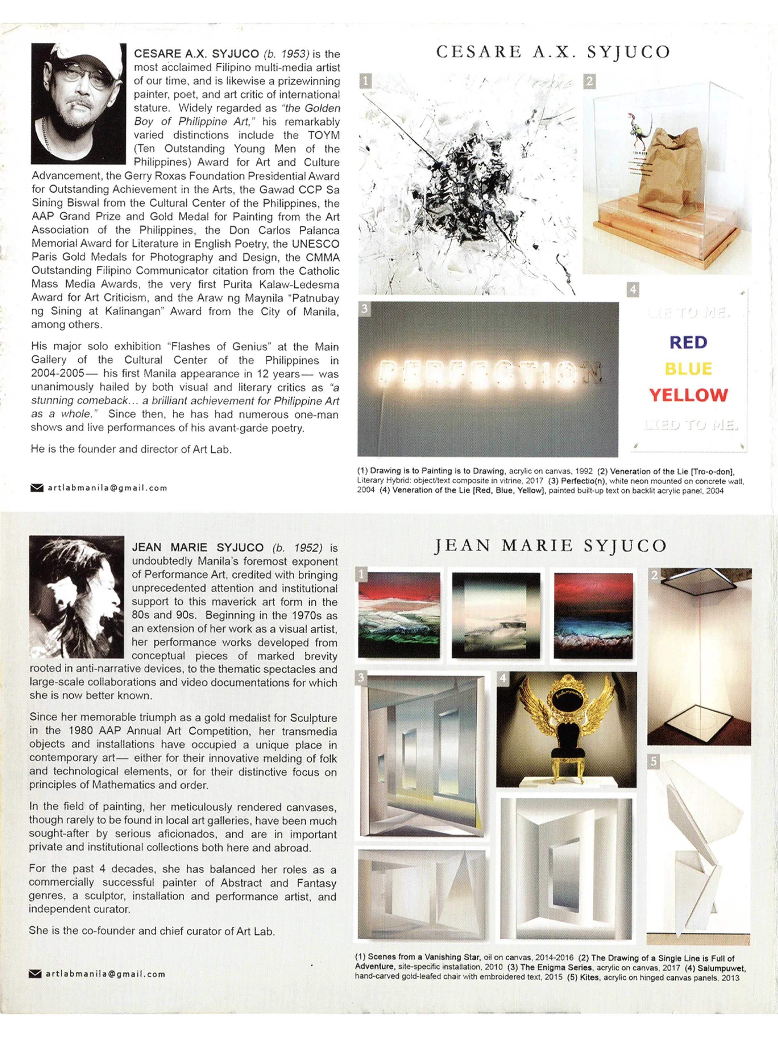 Cesare A.X. Syjuco • Jean Marie Syjuco • Michelline Syjuco • Beatrix Syjuco • Maxine Syjuco • Julian Syjuco: "Art Lab: Atelier Cesare and Jean Marie Syjuco - Catalog (page 2)", Art Lab® (2018) - Photography + Design by Maxine Syjuco