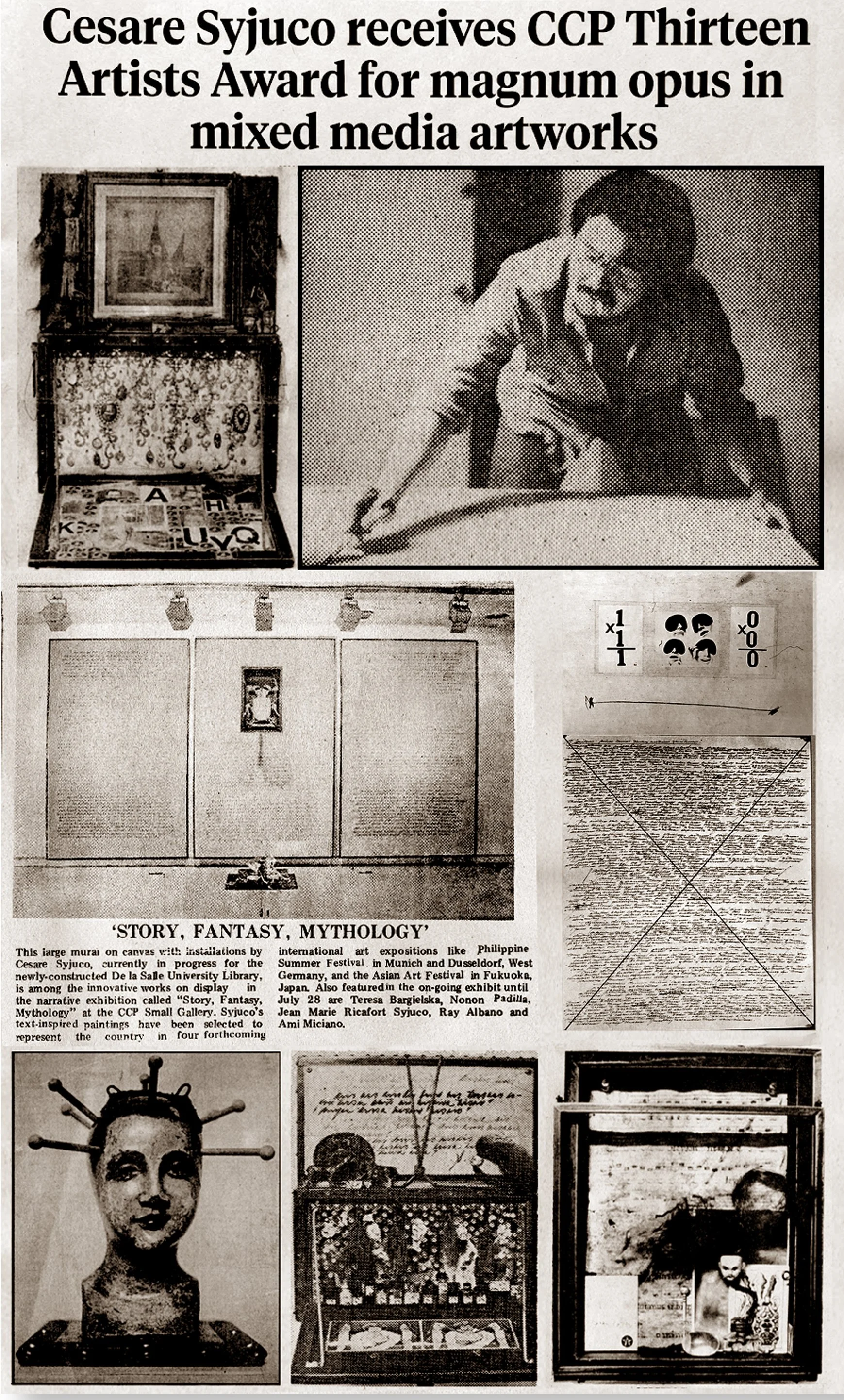 Newspaper article about Cesare Syjuco receiving the CCP Thirteen Artists Award from the Cultural Center of the Philippines CCP for mixed media artworks. Art Lab: The Syjuco Museum. Library and Archives Collection.