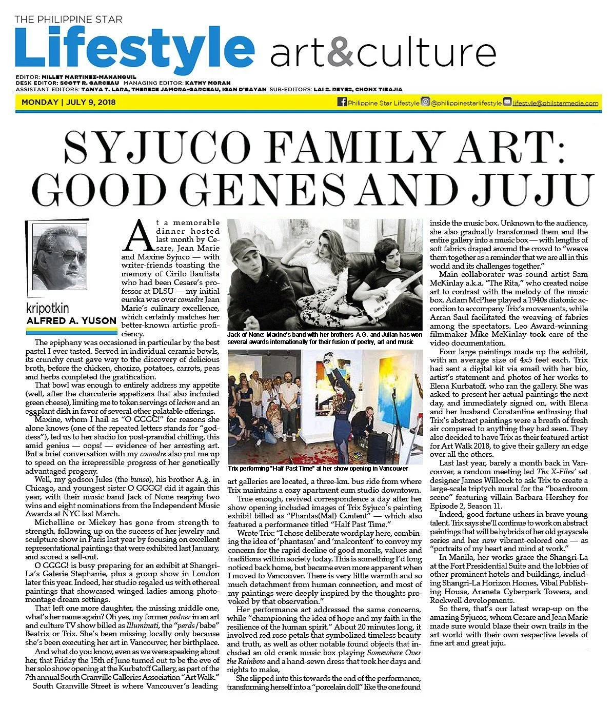 A newspaper page from Philippine Star Lifestyle featuring an article about family art, with black-and-white and color photographs of people at art events, including a band performing and artists with their paintings.