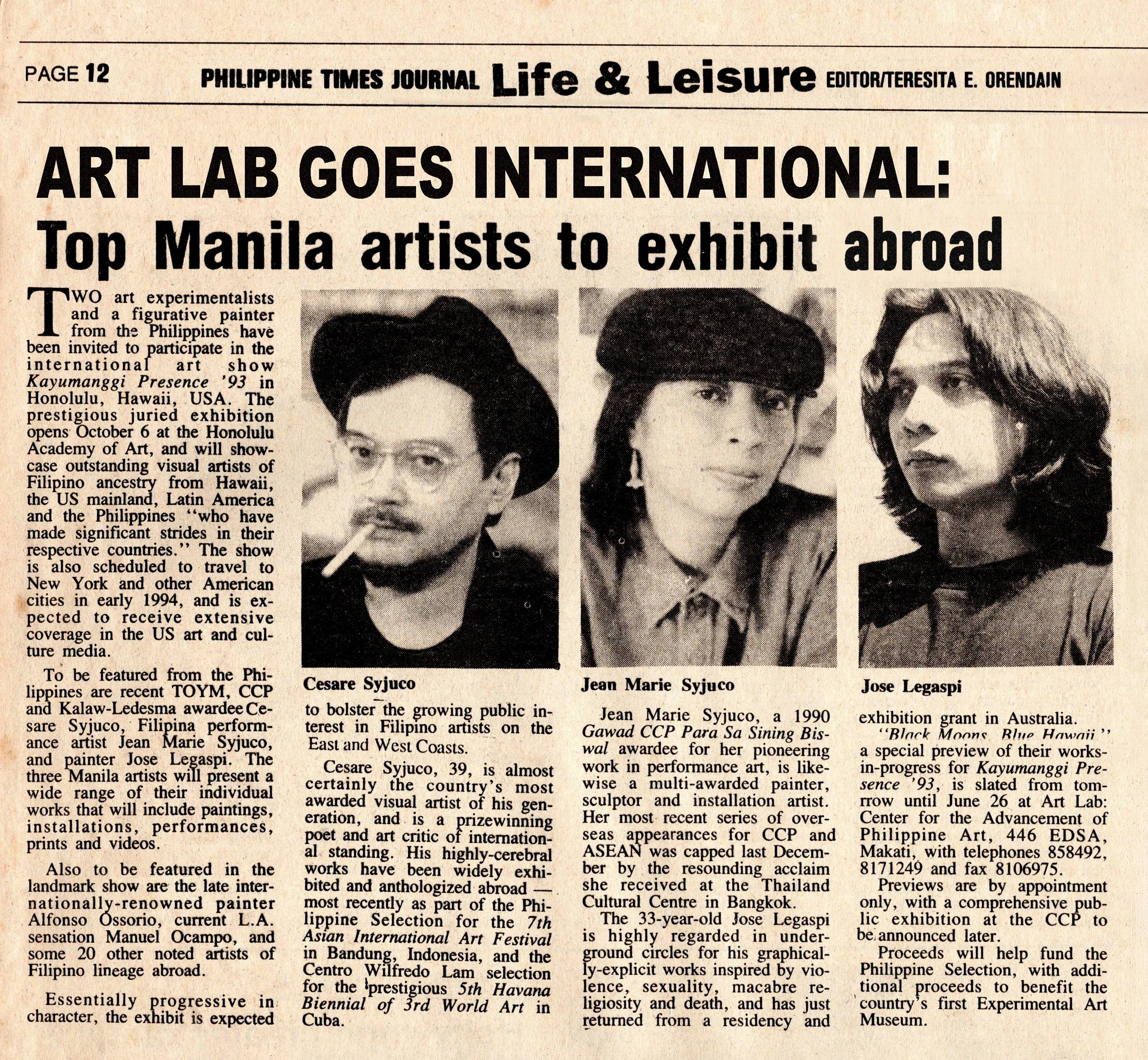 A black and white newspaper article from the Philippine Times Journal, titled 'Art Lab Goes International', featuring photographs of Cesare A.X. Syjuco, Jean Marie Syjuco and Jose Legaspi. Art Lab: The Syjuco Museum. Library and Archives Collection.