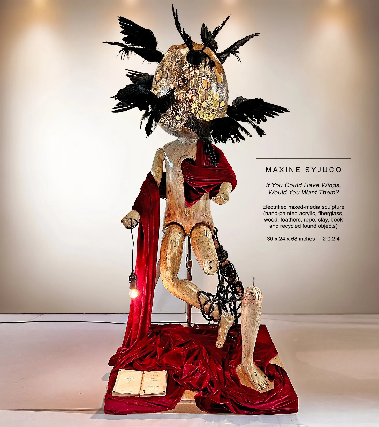 Sculpture and art by Maxine Syjuco - titled "If You Could Have Wings, Would You Want Them?" - mixed media with crows