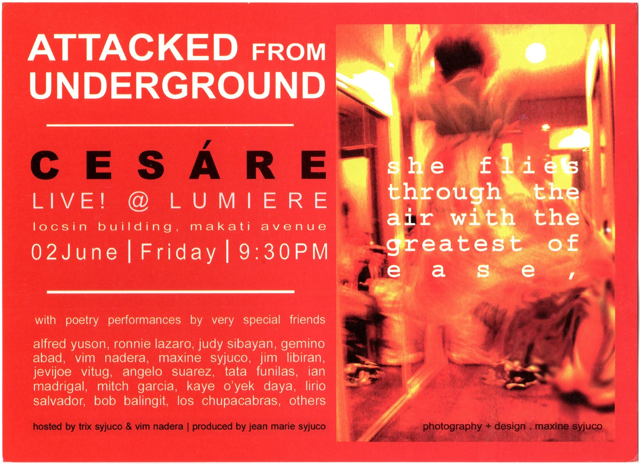 A promotional poster for a live performance by Cesáre at Lumiere on June 2nd at 9:30 PM. The poster features a bright red background with white and black text and an abstract yellow illustration of a bird with an open beak.