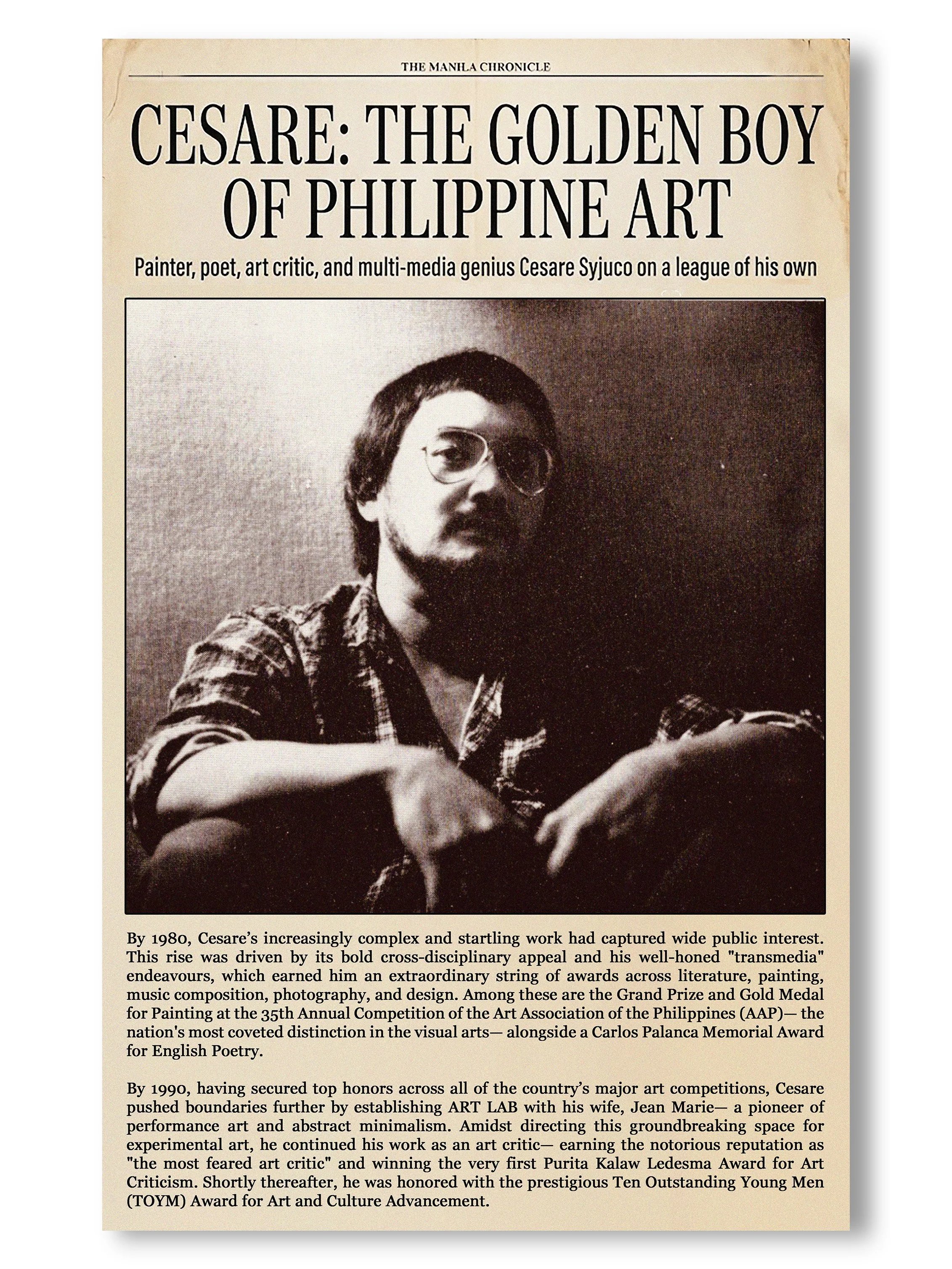 A newspaper article about Cesare Syjuco featuring a black-and-white photo of him wearing sunglasses and a plaid shirt, seated with crossed arms, with a caption underneath. The Golden Boy of Philippine Art. Art Lab The Syjuco Museum