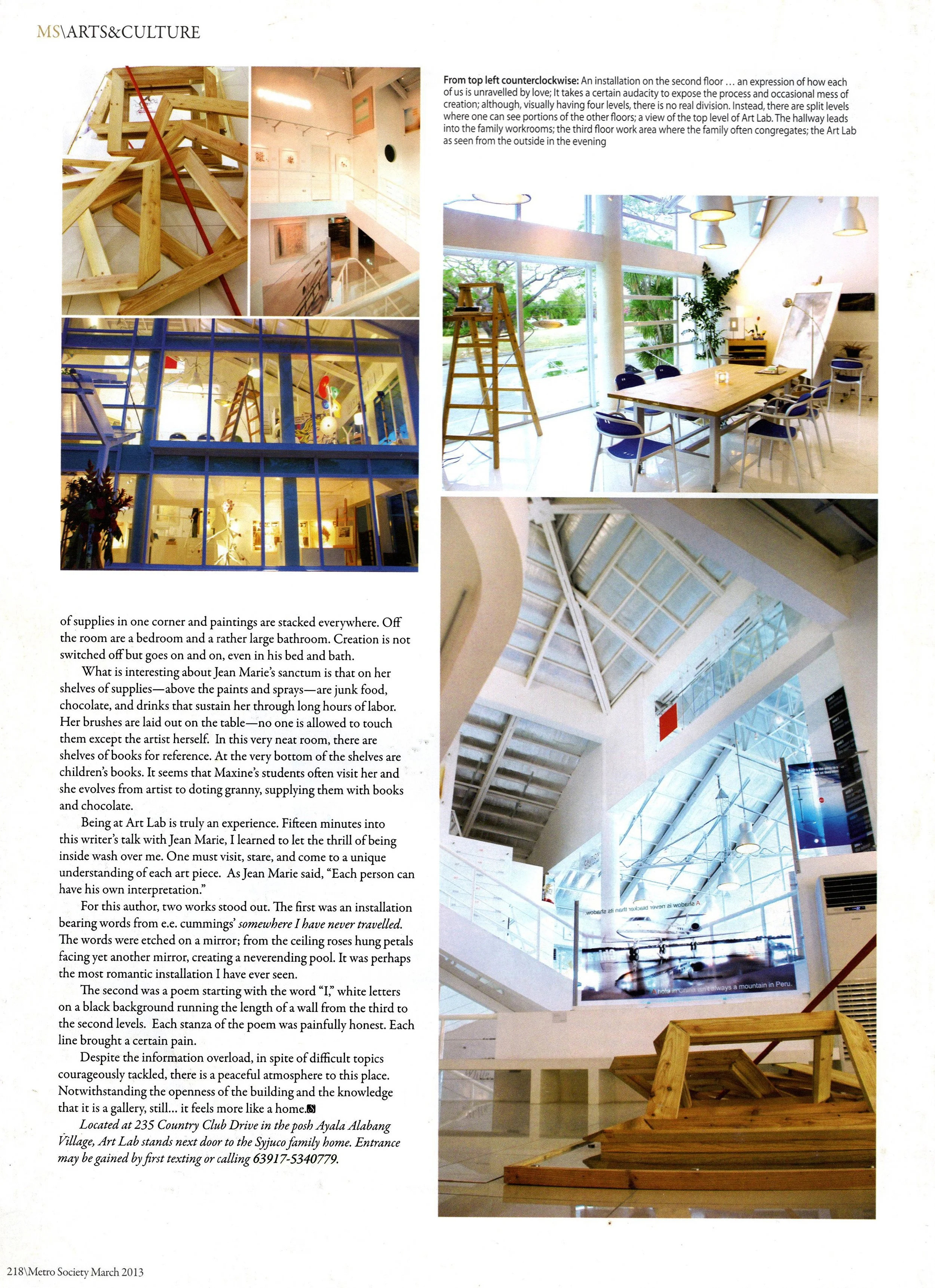 A collage of interior and exterior views of an art gallery, featuring wooden artwork, paintings, sculptures, and a large windowed space with seating.