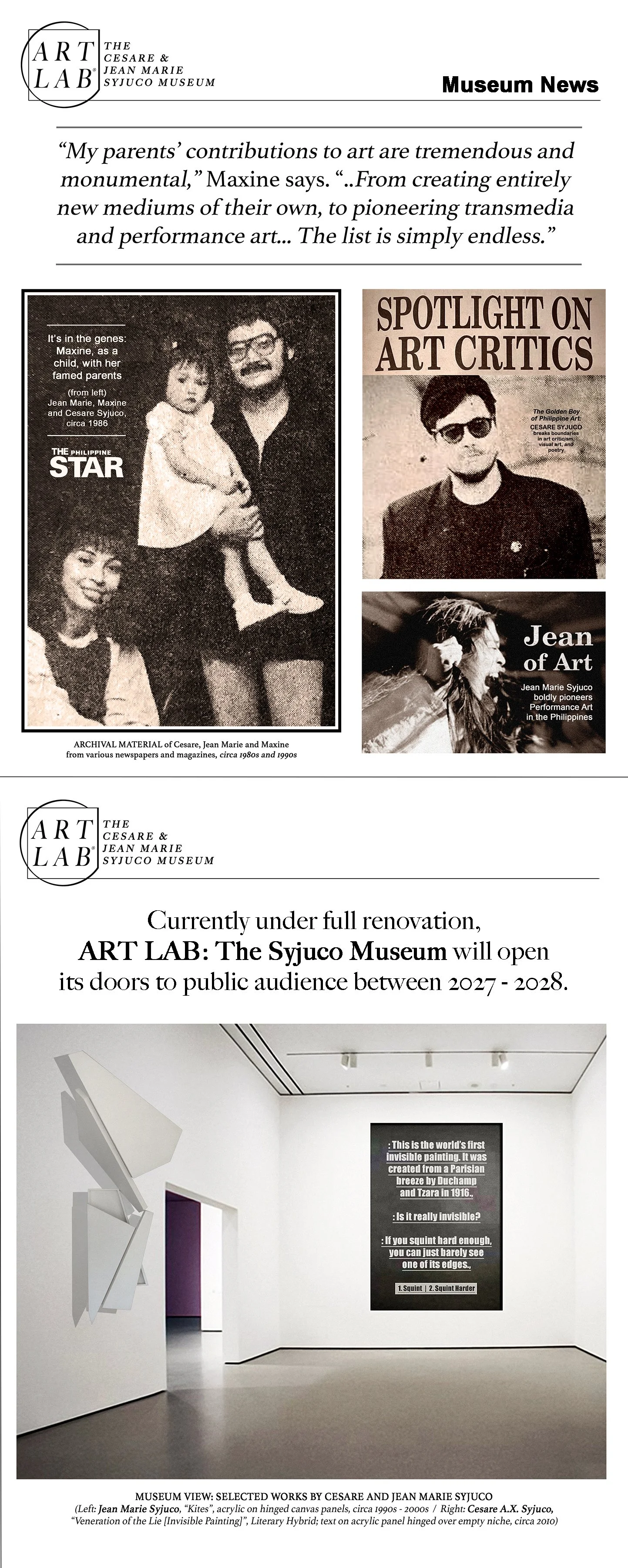 Museum News - Maxine Syjuco devotes herself to developing Art Lab The Syjuco Museum as the museum director in honor of her legendary parents, the avant-garde and experimental Filipino pioneers Cesare Syjuco and Jean Marie Syjuco