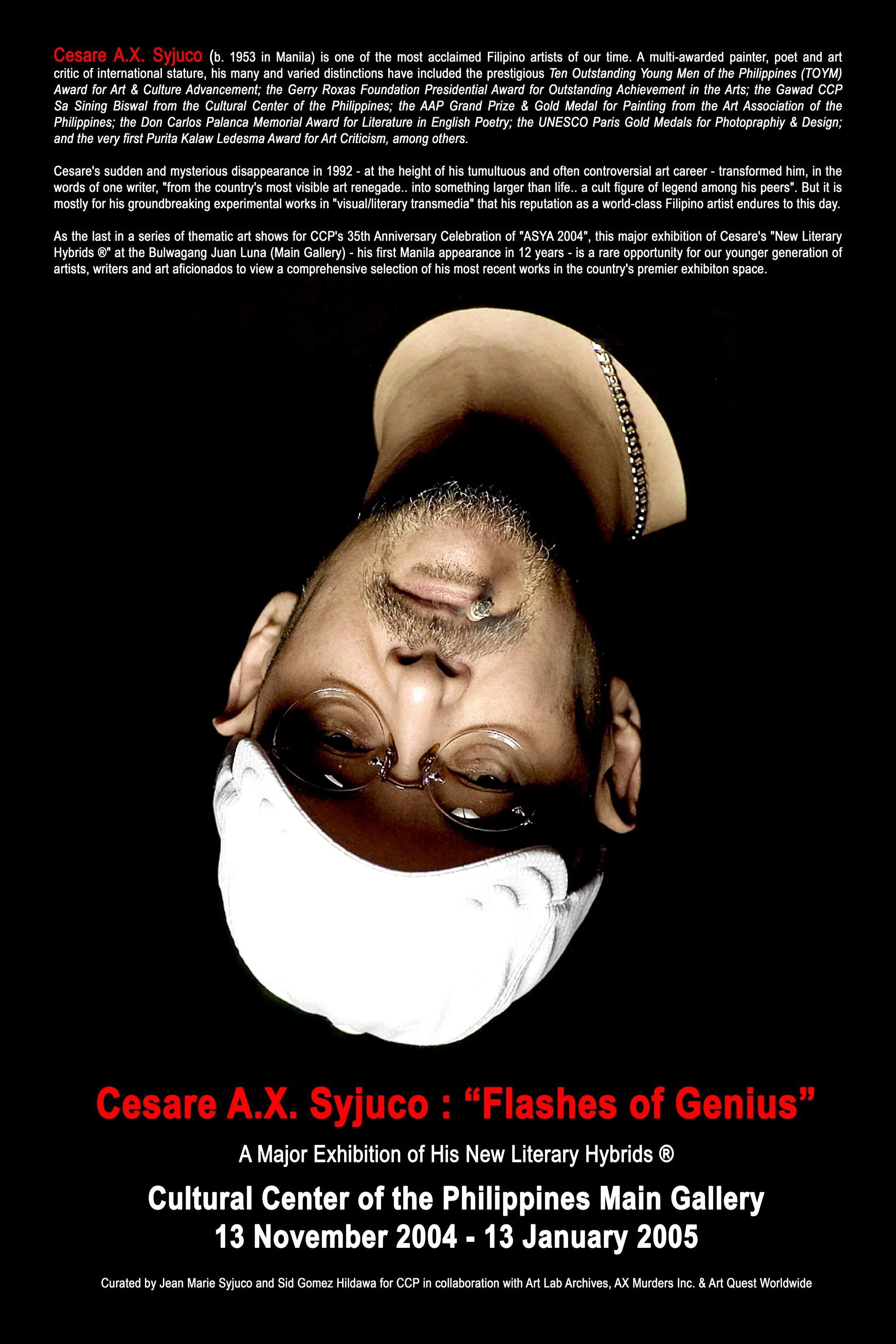 Cesare A.X. Syjuco - Flashes of Genius Exhibit at the Cultural Center of the Philippines CCP - portrait of the artist upside down - comeback exhibit features Cesare's literary hybrids (fusion of poetry and visual art) - curated by Jean Marie Syjuco