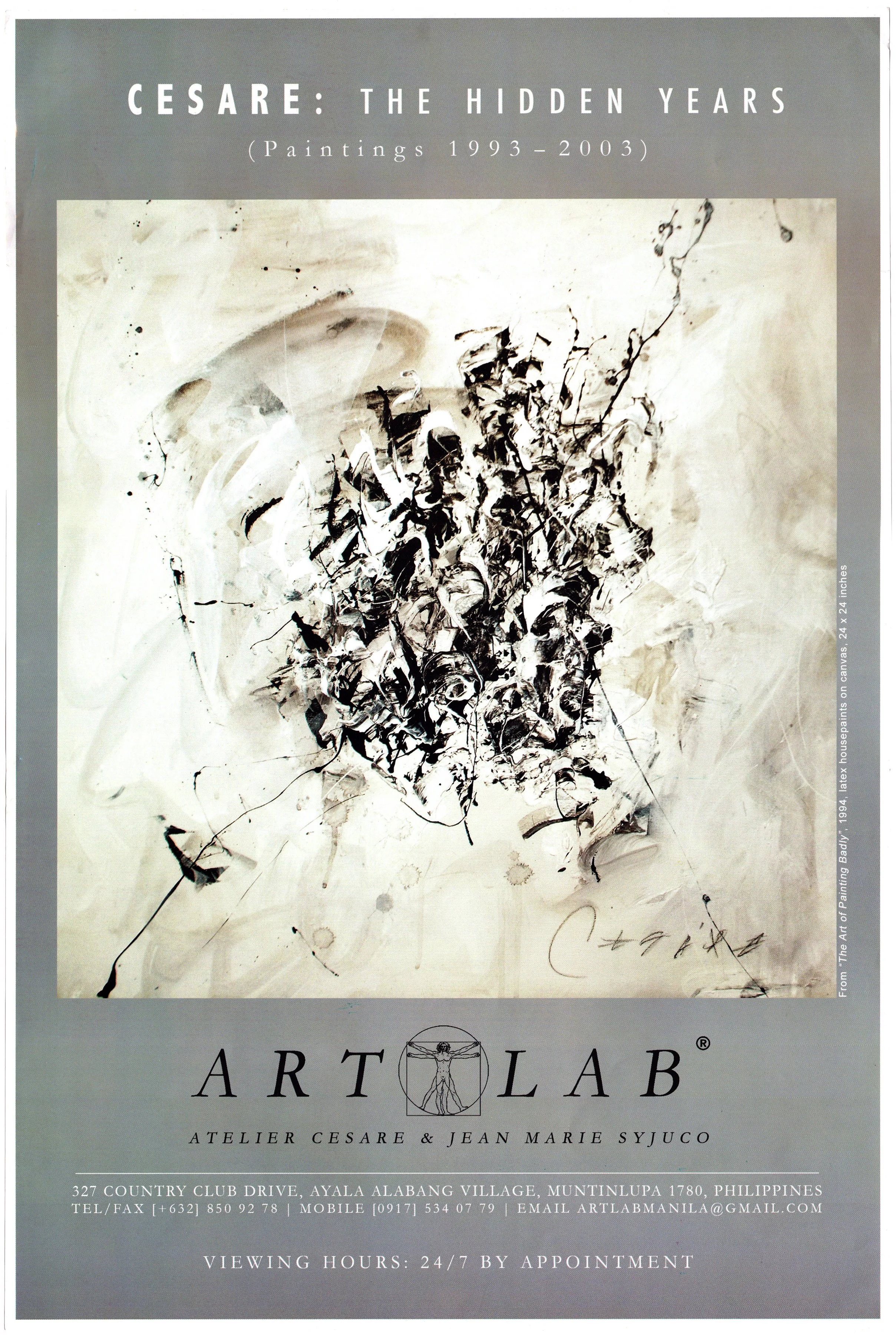 Art poster for Cesare A.X. Syjuco exhibit at Art Lab titled "The Hidden Years". Features a painting from his series "Drawing is to Painting is to Drawing". Art Lab: The Syjuco Museum. Library and Archives Collection.