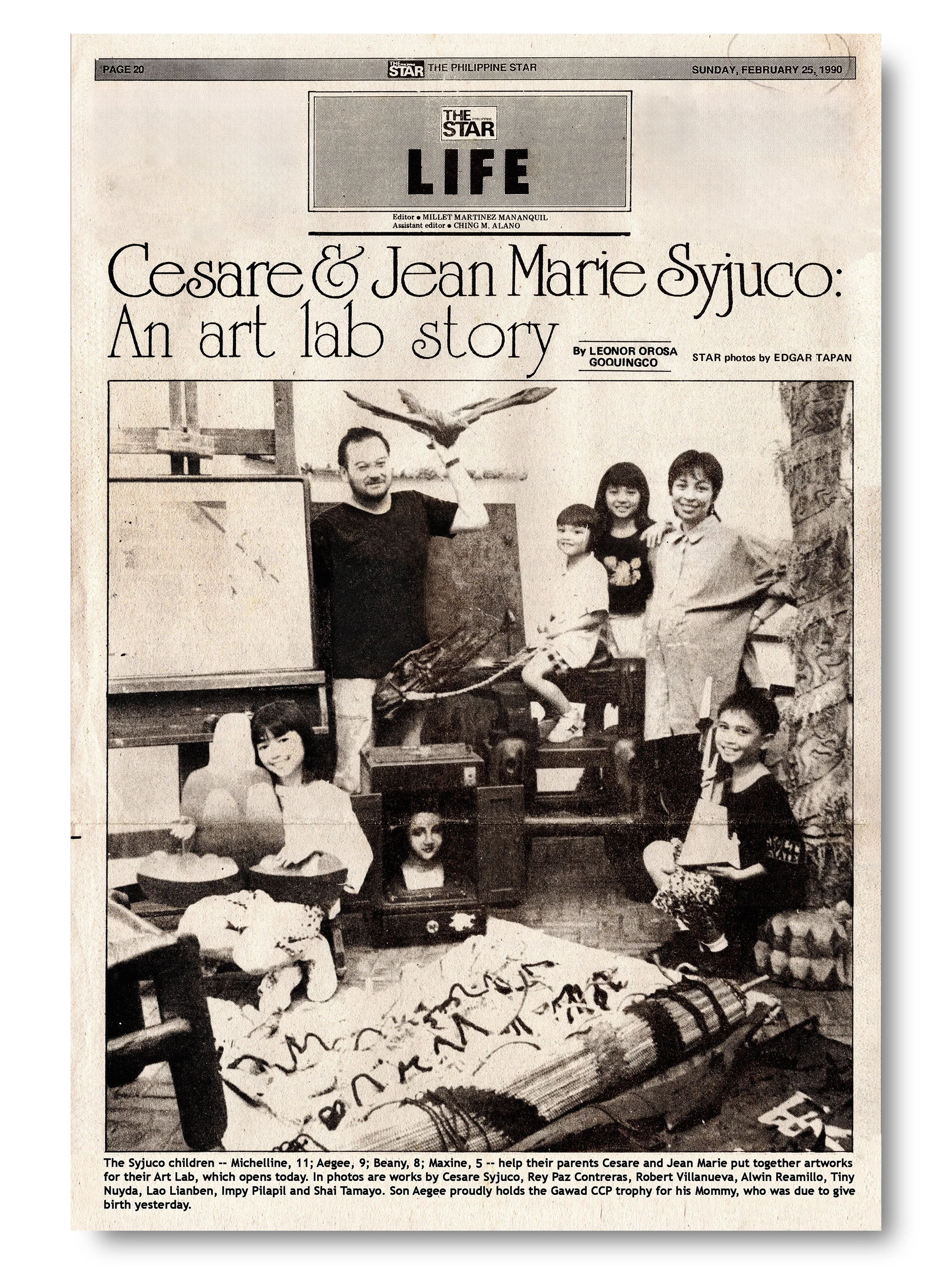 Cesare Syjuco and Jean Marie Syjuco "An Art Lab Story" written by Leonor Goquingco for The Philippine Star newspaper featuring their children Maxine, A.G. Michelline and Beatrix Syjuco - Art Lab The Syjuco Museum