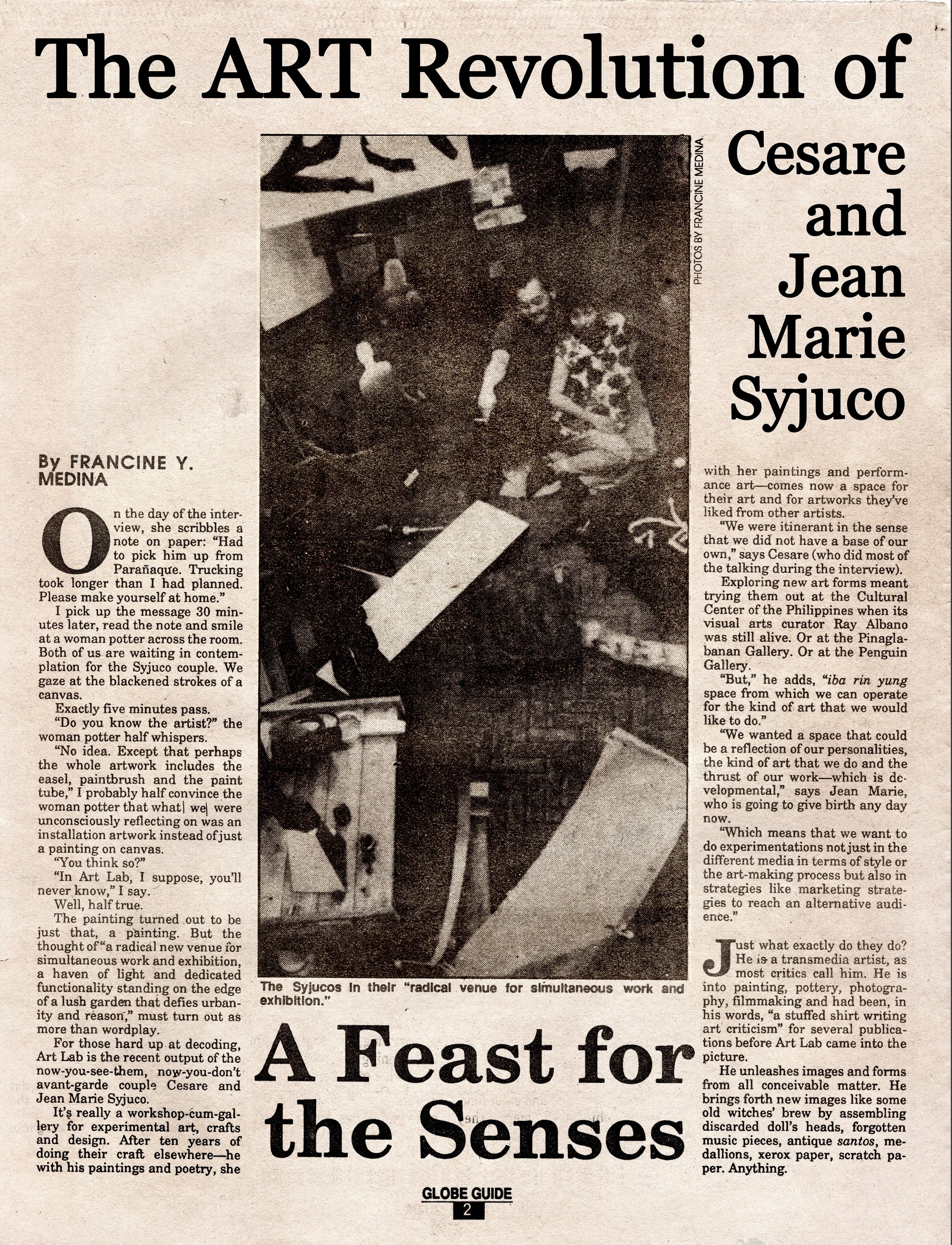 Artists Cesare A.X. Syjuco and Jean Marie Syjuco, magazine feature and news article titled "The Art Revolution of Cesare and Jean Marie Syjuco", circa 1990s. ART LAB in Edsa Makati Philippines. Art Lab: The Syjuco Museum. Library and Archives.