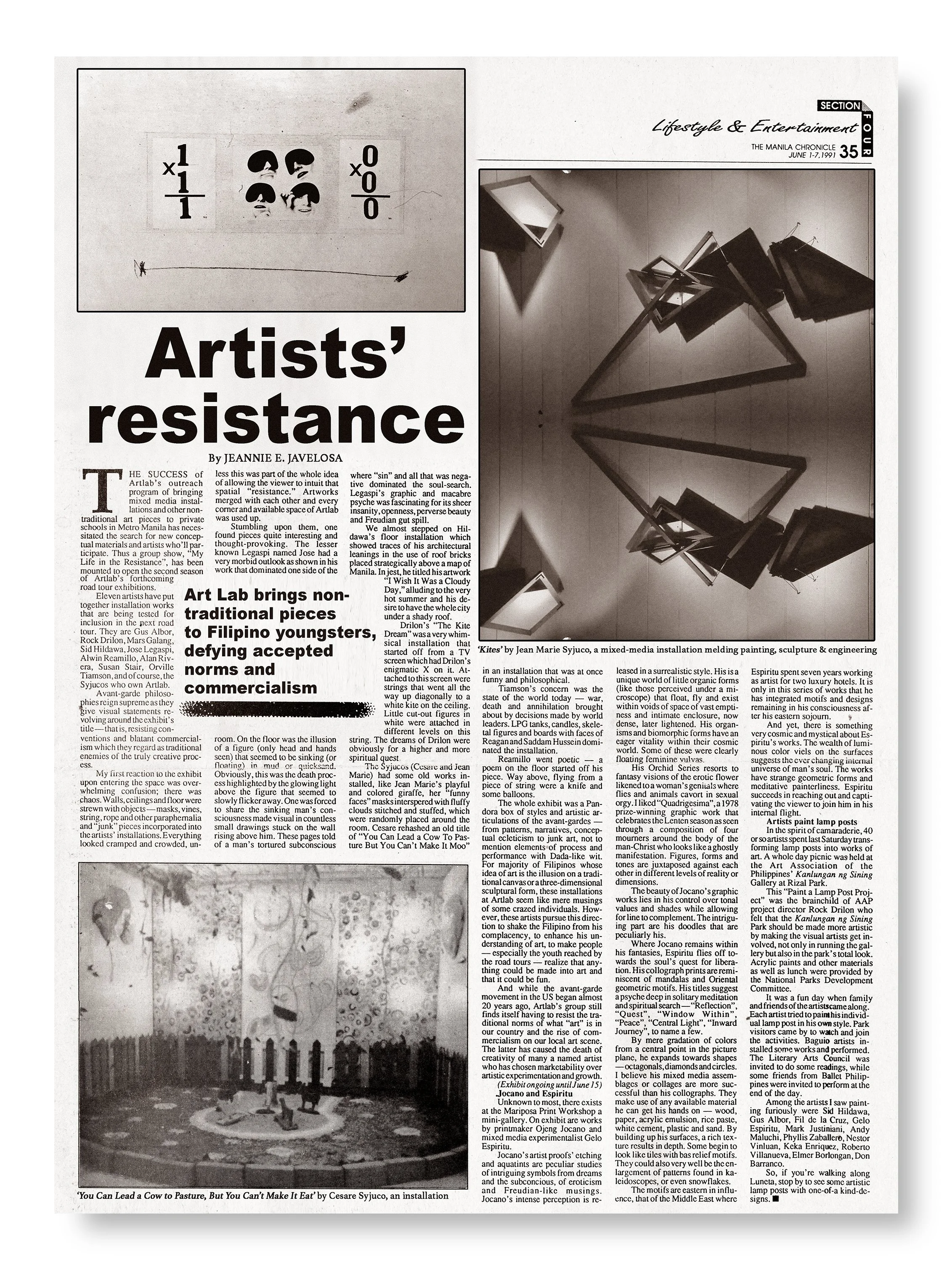 Cesare Syjuco and Jean Marie Syjuco in an article titled "Artists' Resistance" written by Jeannie Javelosa for Art Lab - The Syjuco Museum