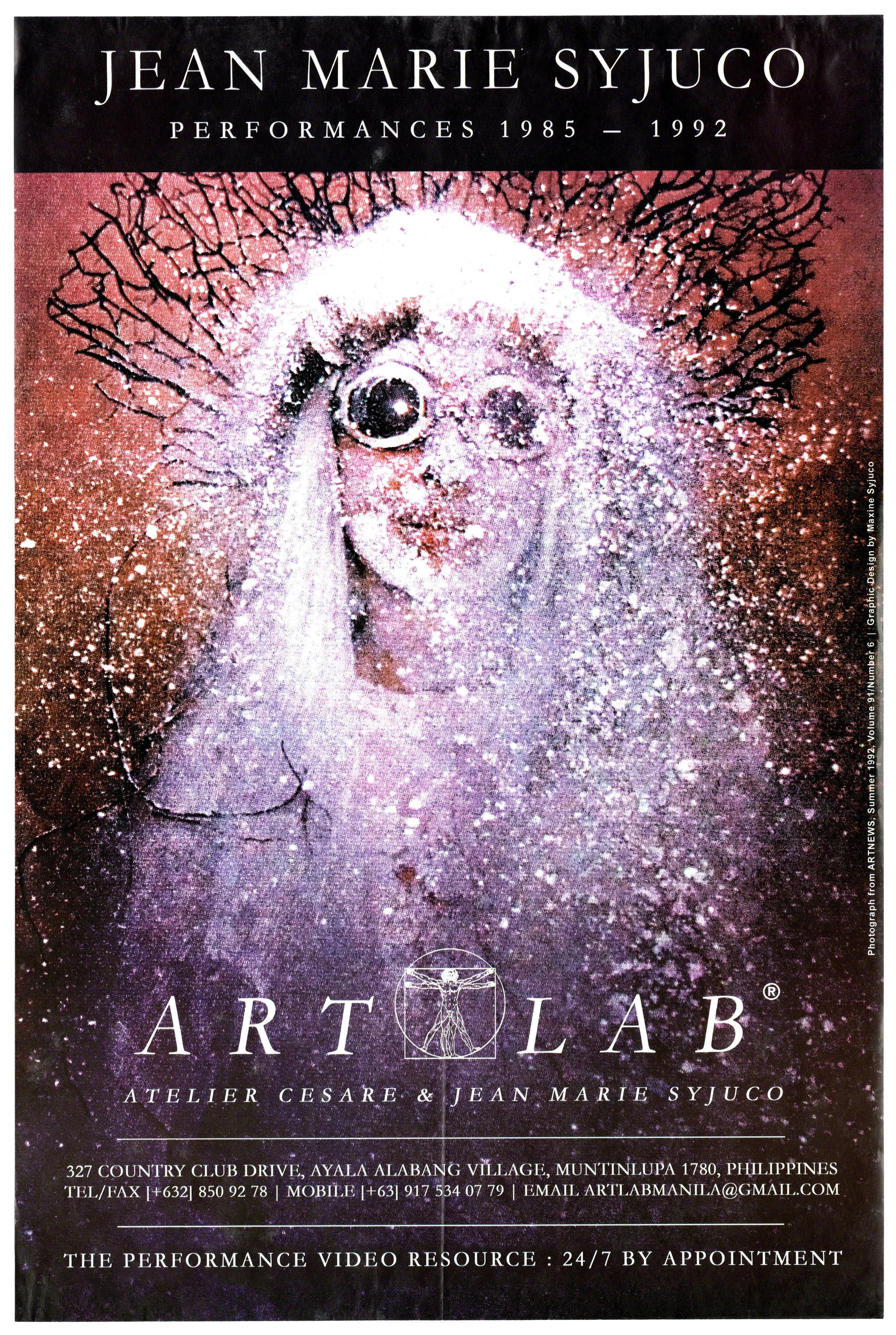 Poster for Art Lab featuring performances by Jean Marie Syjuco from 1985 to 1992. The poster has an abstract, cosmic background with a woman winking and looking through a camera lens. The event is hosted at Atelier Cesare & Jean Marie Syjuco, located