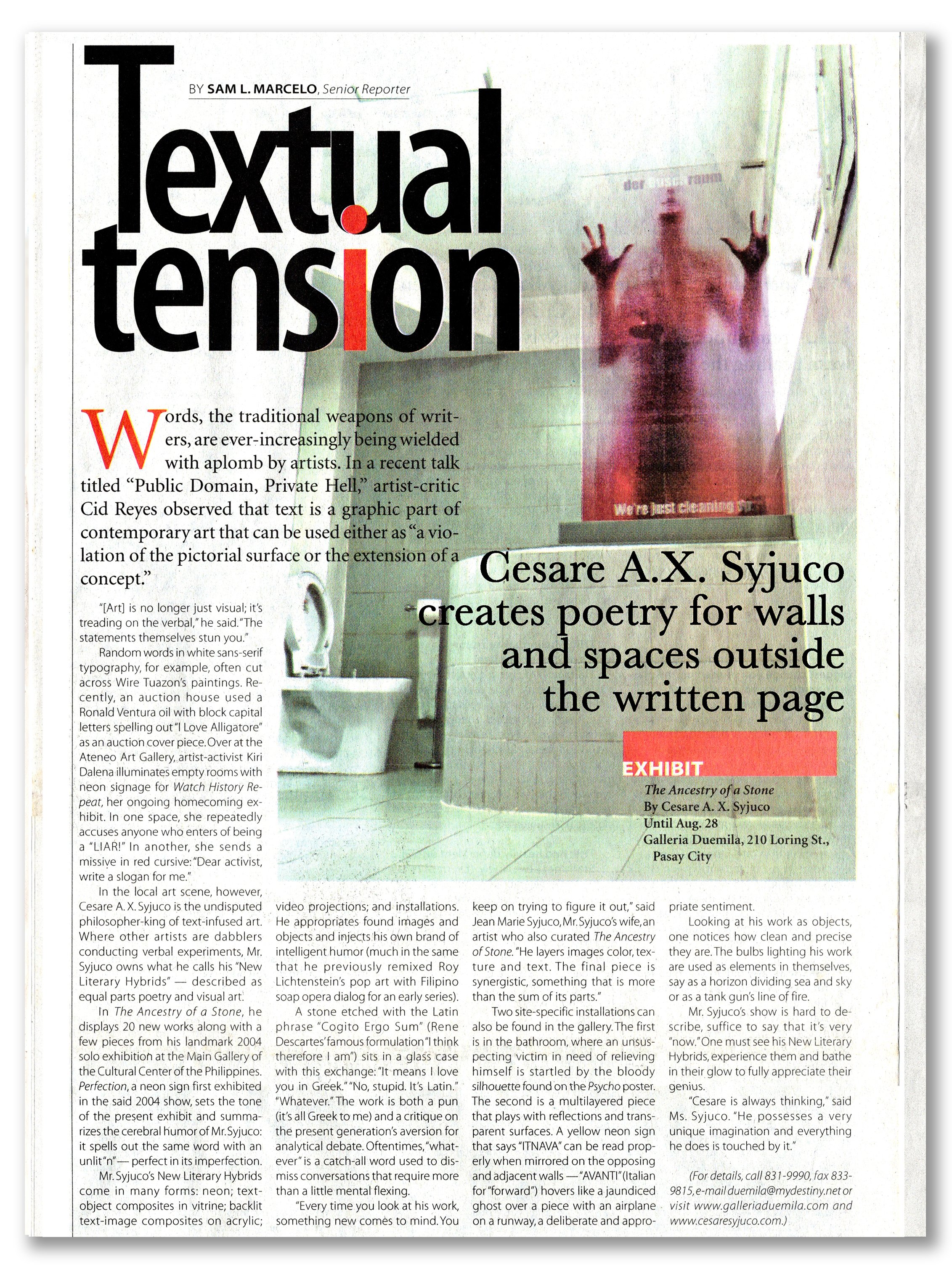 cesare a.x. Syjuco - comeback art exhibit - literary hybrids - 2004 - cultural center of the Philippines - ccp - poetry and visual art - curated by Jean Marie Syjuco newspaper feature - textual tension - galleria duemila - sam Marcelo