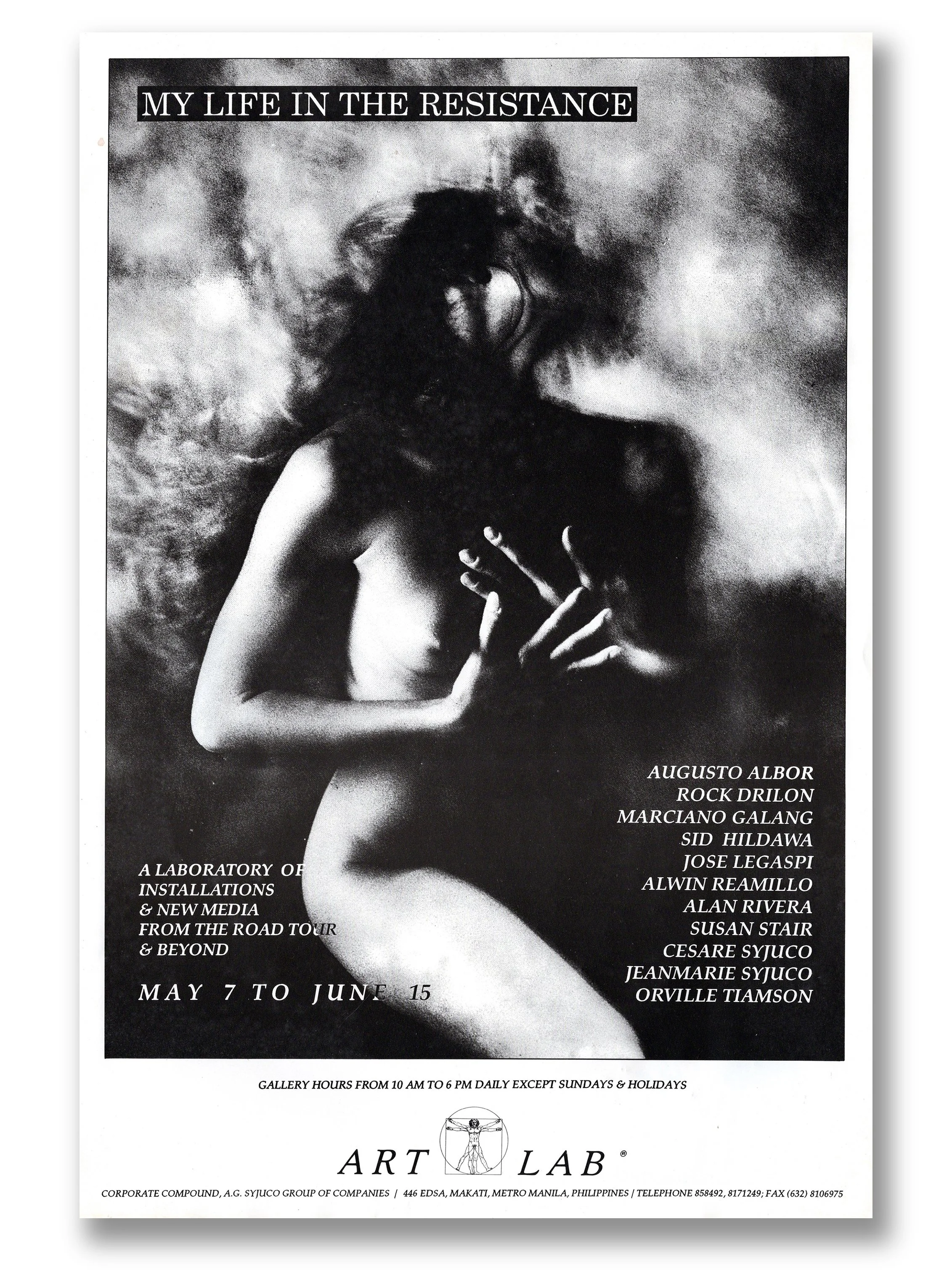 Black and white flyer for art exhibition titled 'My Life in the Resistance' featuring a photograph of a woman with messy hair partially covering her face, with her hand over her chest. The flyer lists artist names including Augusto Albor, Rock Drilon