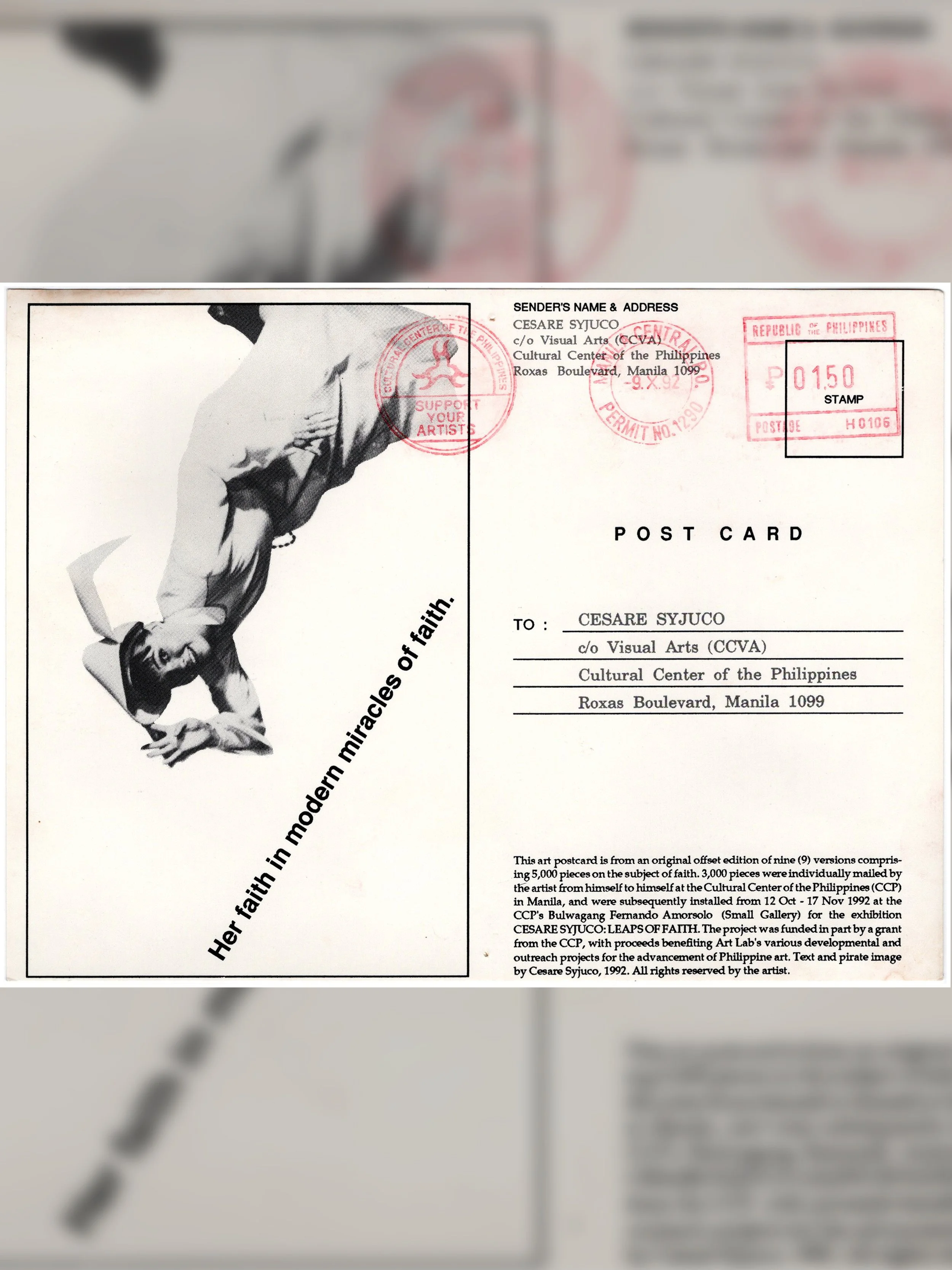 Cesare A.X. Syjuco: "Leaps of Faith (3,000 Postcards from Himself to Himself)", Cultural Center of the Philippines (1992) - Design by Cesare A.X. Syjuco