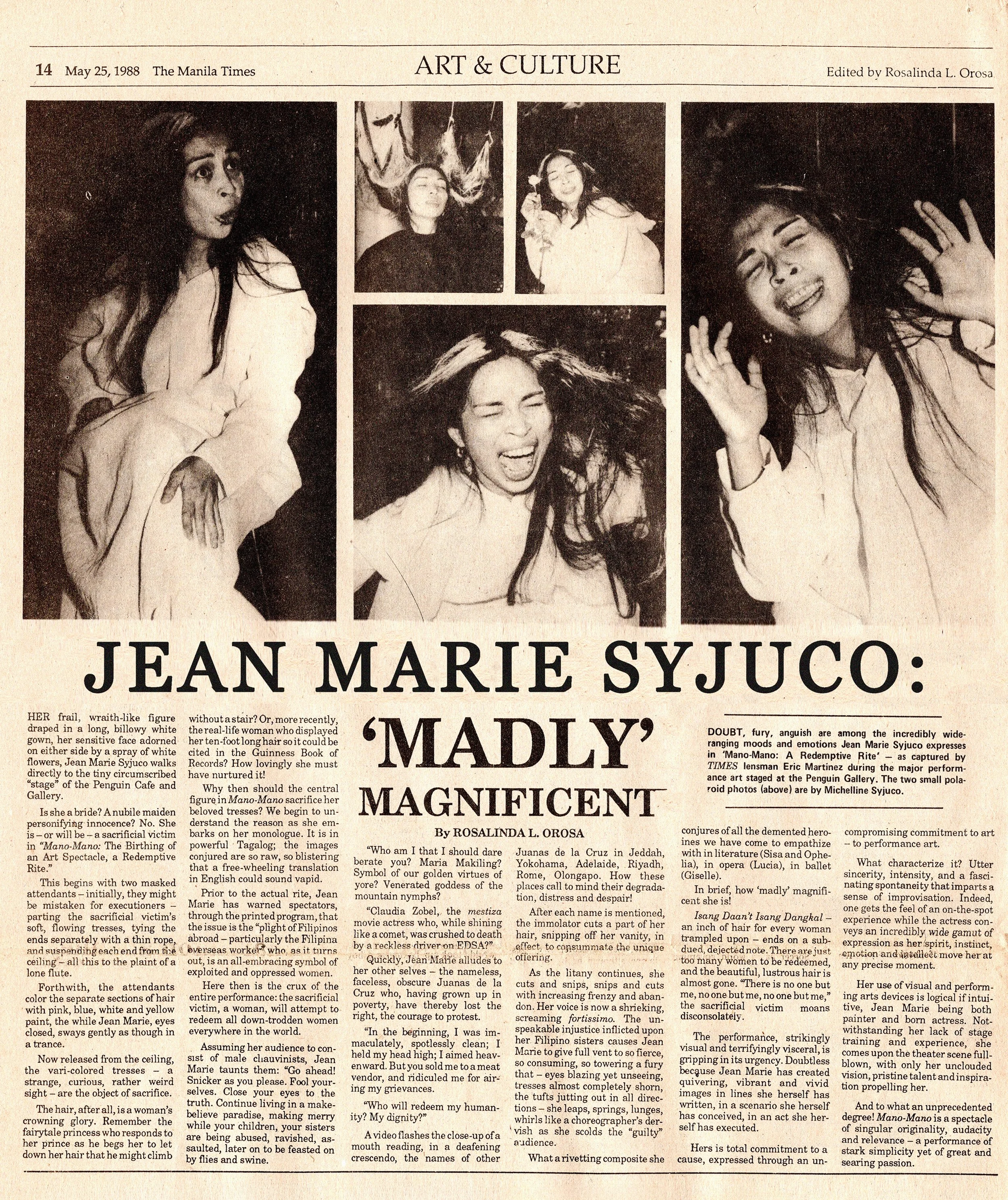 Artist Jean Marie Syjuco - newspaper feature and article titled "Jean Marie Syjuco: Madly Magnificent". Written by Rosalinda Orosa. Art Lab: The Syjuco Museum. Library and Archives Collection.