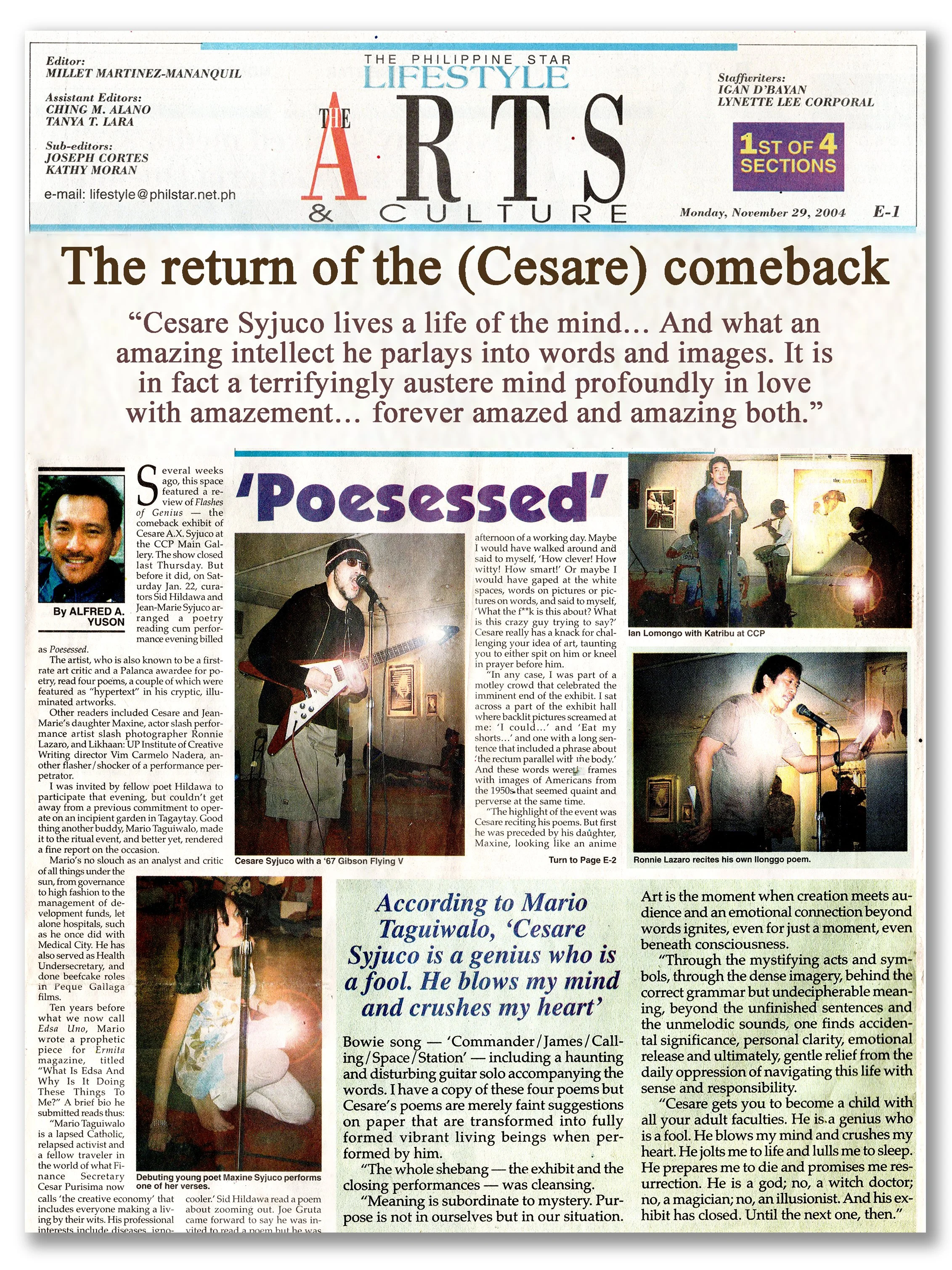 Front page of a newspaper titled "The Philippine Star Lifestyle: Art & Culture" from November 29, 2004, featuring cesare Syjuco, Maxine Syjuco and Ronnie Lazaro - the return of the cesare comeback - written by Alfred Krip Yuson.