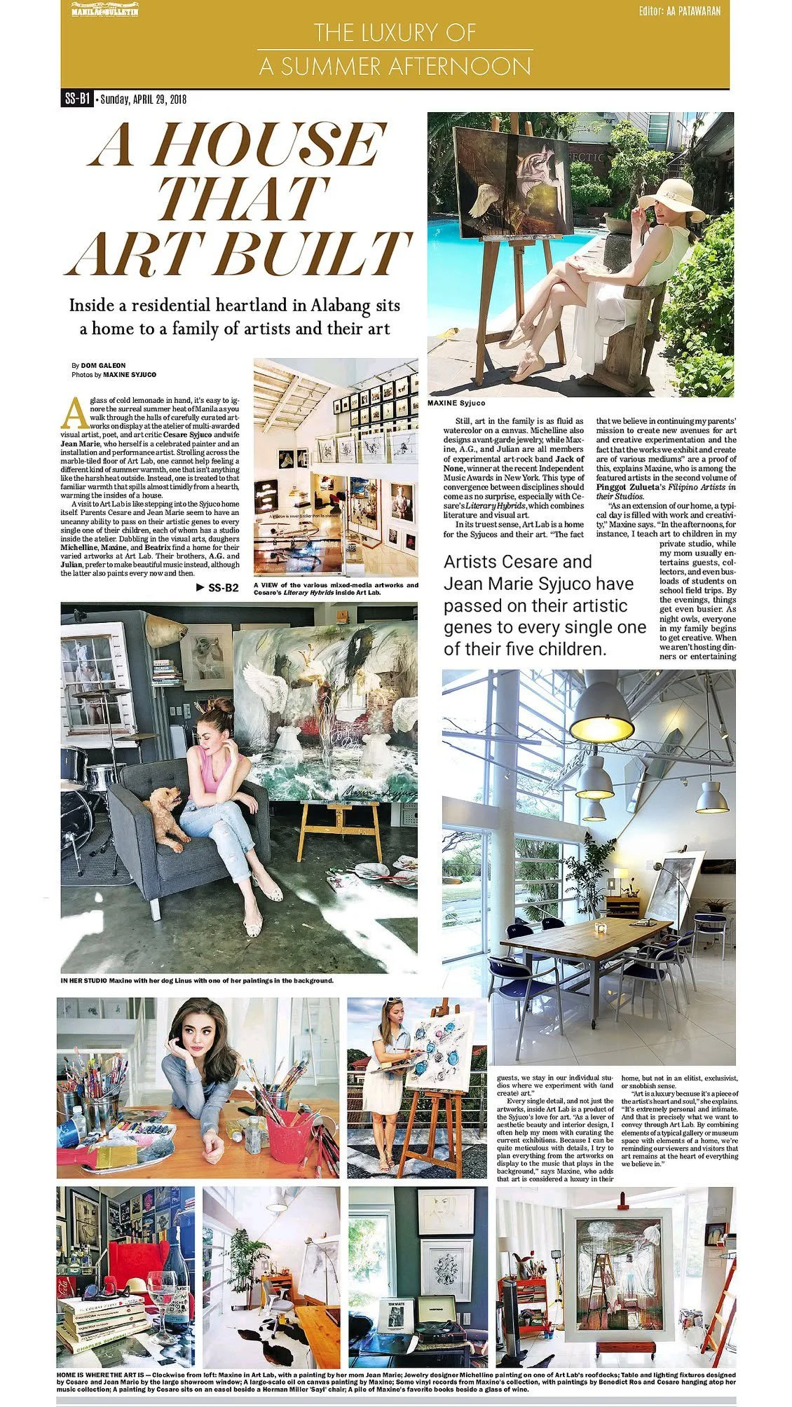 Magazine page titled "The Luxury of a Summer Afternoon" featuring articles and photographs of art, artists, and studio interiors, including images of artwork, artists working, and art collections.
