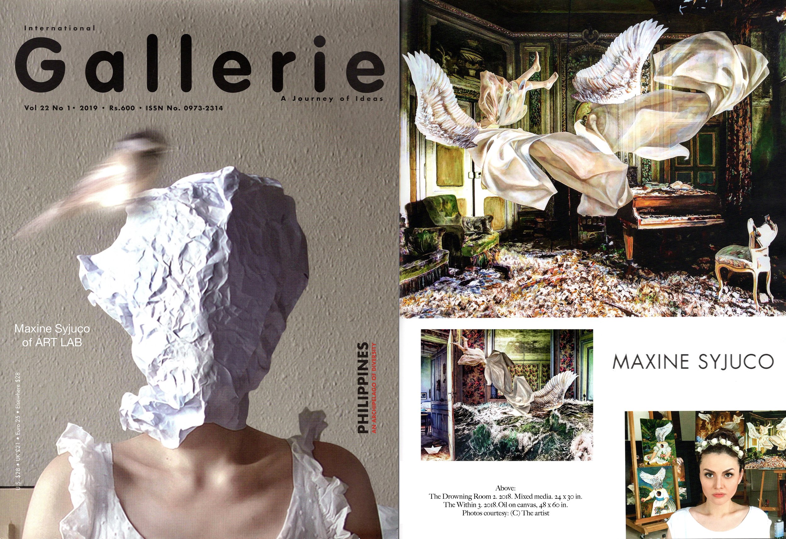 Maxine Syjuco is featured on the cover of International Gallerie Magazine. This art magazine and publication is an issue about the Philippines, filipino artists and their artworks. Her artwork on the cover is her self-portrait titled "Cages".