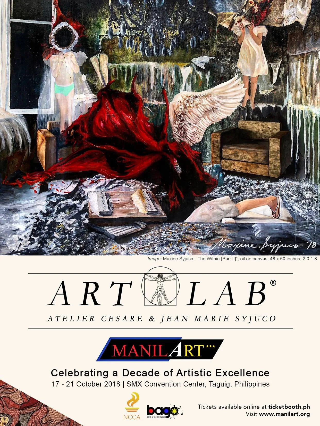 Art and painting titled 'The Within Part II' by Maxine Syjuco, depicting surreal elements like angel wings, mannequins, a large red fabric, and abstract background in a chaotic scene. The Syjucos and Art Lab at Manila Art event.