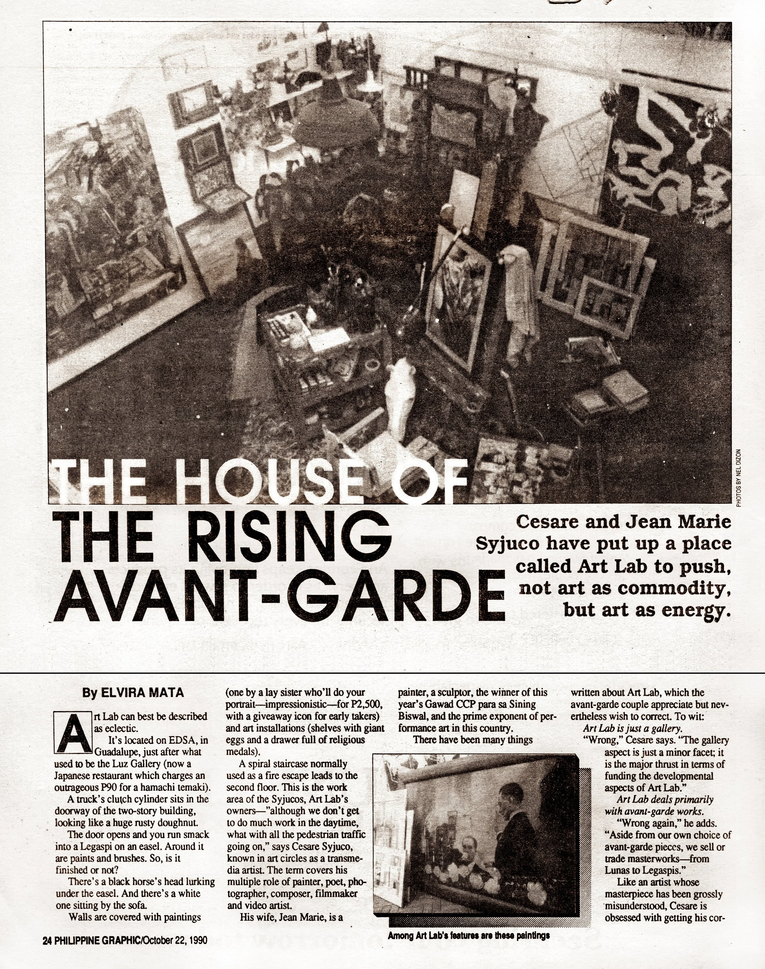 Cesare A.X. Syjuco and Jean Marie Syjuco, magazine feature and news article titled "The House of the Rising Avant Garde", circa 1990, for ART LAB in Edsa, Makati, Philippines. Art Lab: The Syjuco Museum. Library and Archives Collection.
