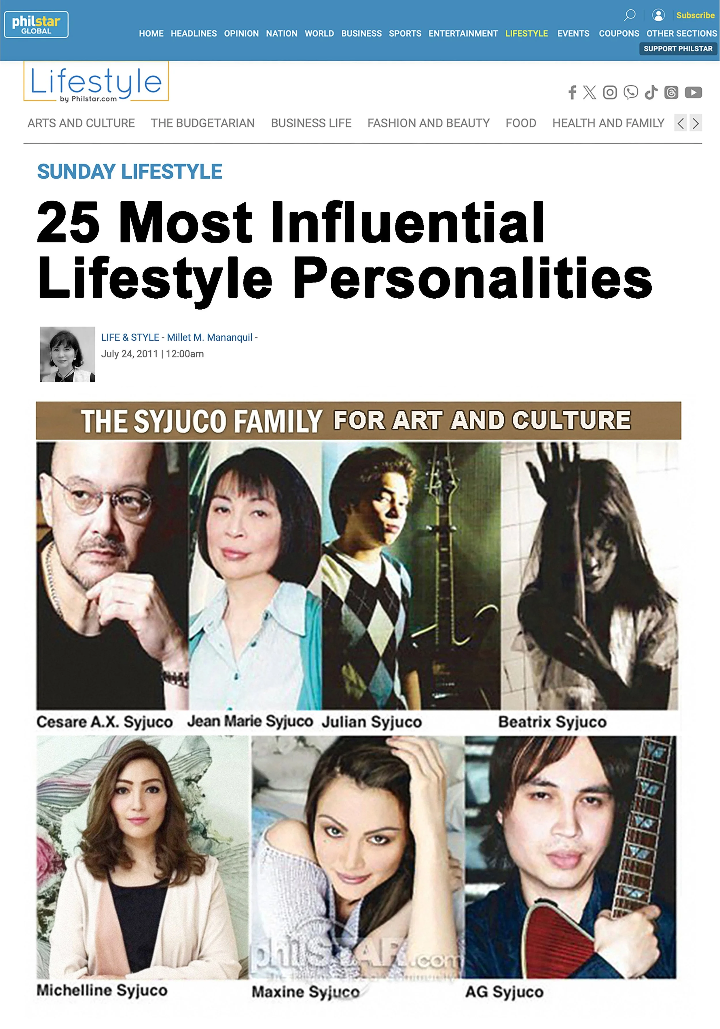 Screenshot of an online article titled '25 Most Influential Lifestyle Personalities' featuring portraits of various individuals of the Syjuco Family, including Cesare A.X. Syjuco, Jean Marie Syjuco, Julian Syjuco, Beatrix Syjuco, Michelline Syjuco, M
