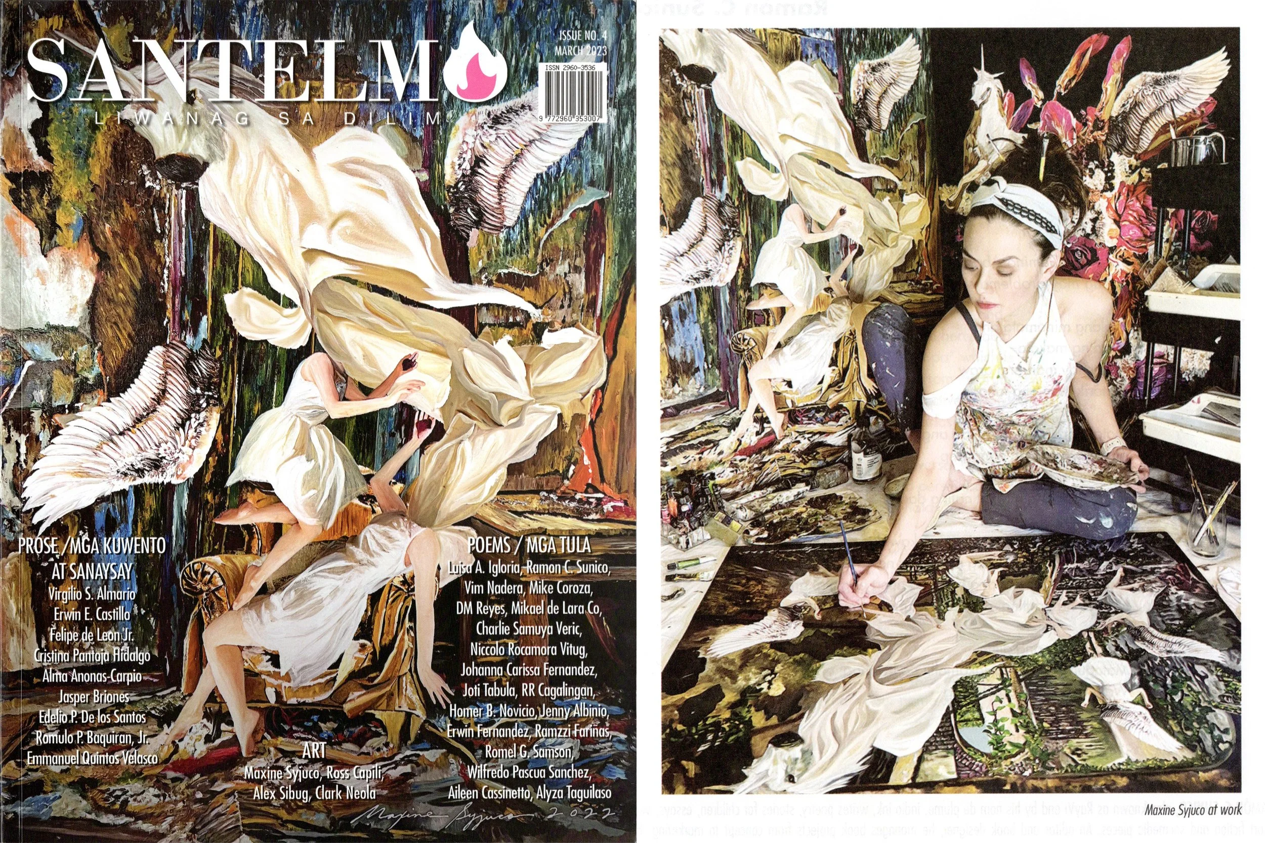 Maxine Syjuco is featured on the cover of Santelmo Liwanag Sa Dilim magazine. Her oil on canvas painting on the cover is titled "Revenge of the Unicorn Hitmen". The magazine is published by San Anselmo Publishing and Press in the Philippines.