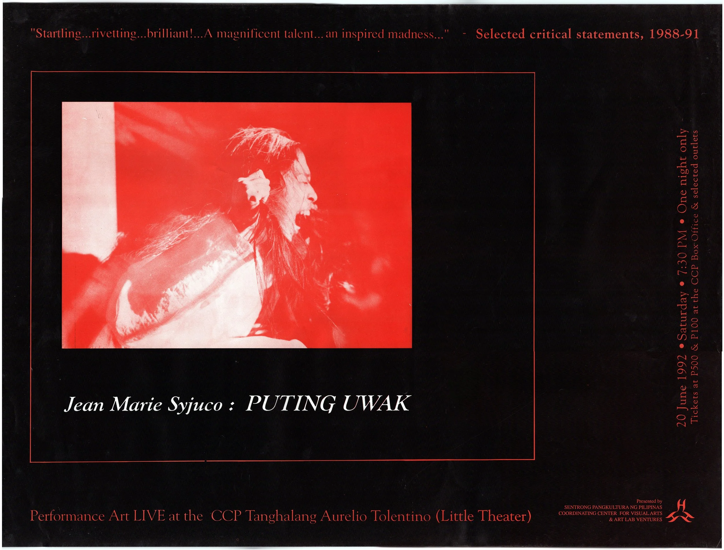 A promotional poster featuring a red-tinted photograph of a woman with long hair singing passionately, with text in red and white on a black background advertising a performance by Jean Marie Syjuco titled 'PUTING UWAK' at the CCP Tanghalang Aurelio 