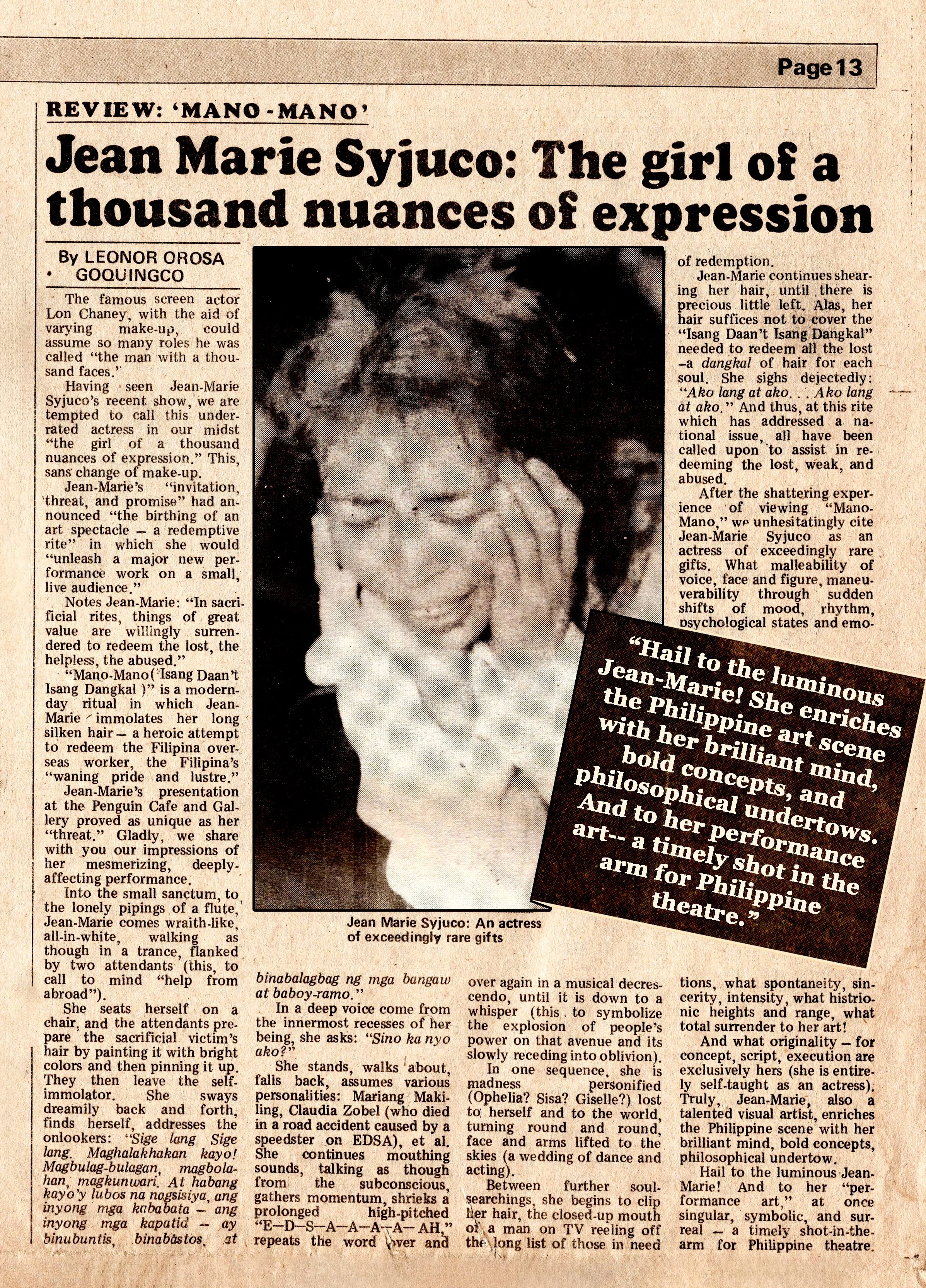 Filipina Performance Artist Jean Marie Syjuco in a feature article titled "Jean Marie Syjuco: The Girl of a Thousand Nuances of Expression" written by Leonor Orosa Goquingco. Art Lab: The Syjuco Museum. Library and Archives Collection.