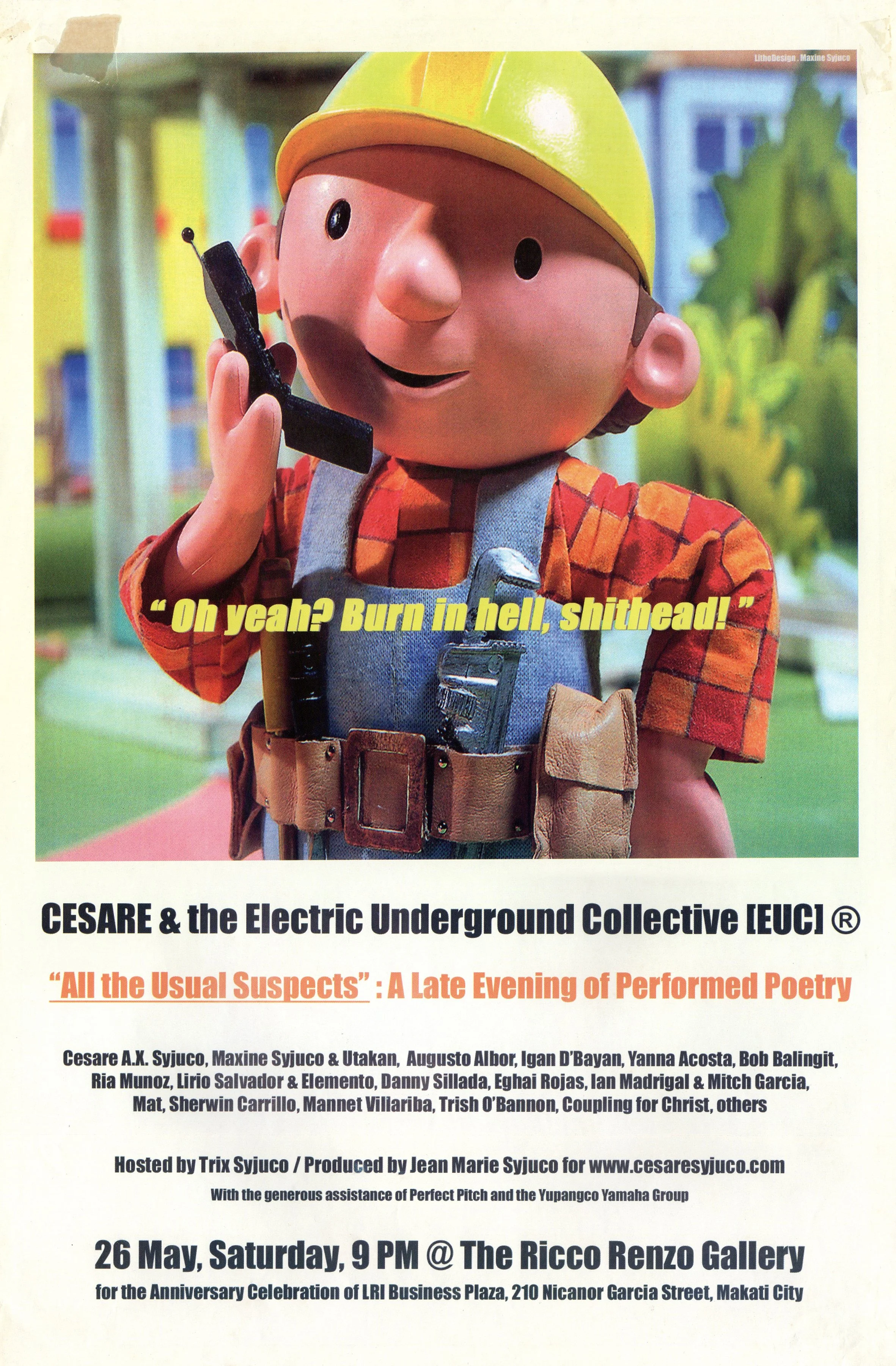 A promotional poster featuring a puppet character with a yellow safety helmet, plaid shirt, and tool belt, holding a walkie-talkie to its mouth. The actor's face is playful, and the background shows blurred colorful buildings and greenery.