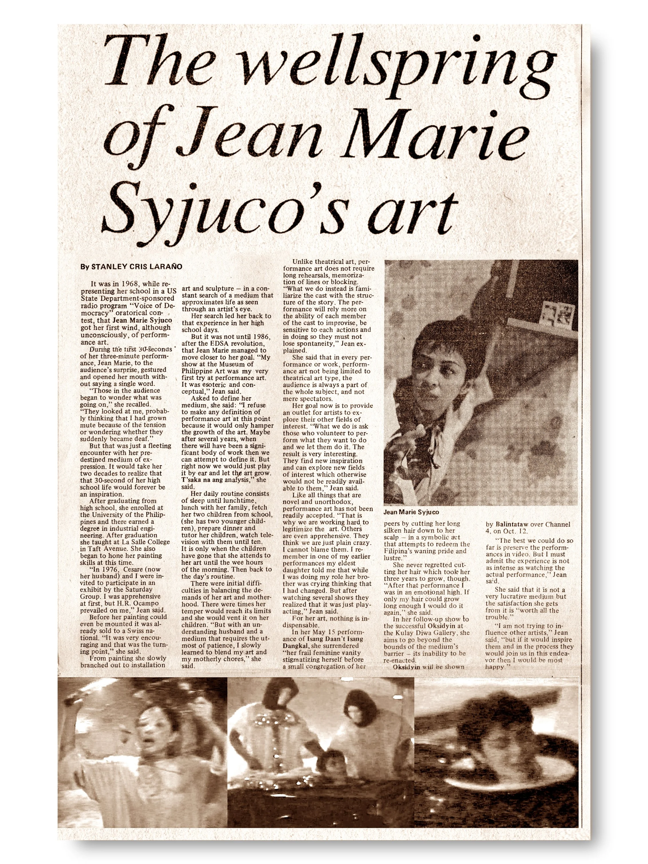 Newspaper article titled 'The wellspring of Jean Marie Syjuco's art' featuring the performance artist, painter, sculptor and installation artist at the height of her career. Art Lab The Syjuco Museum