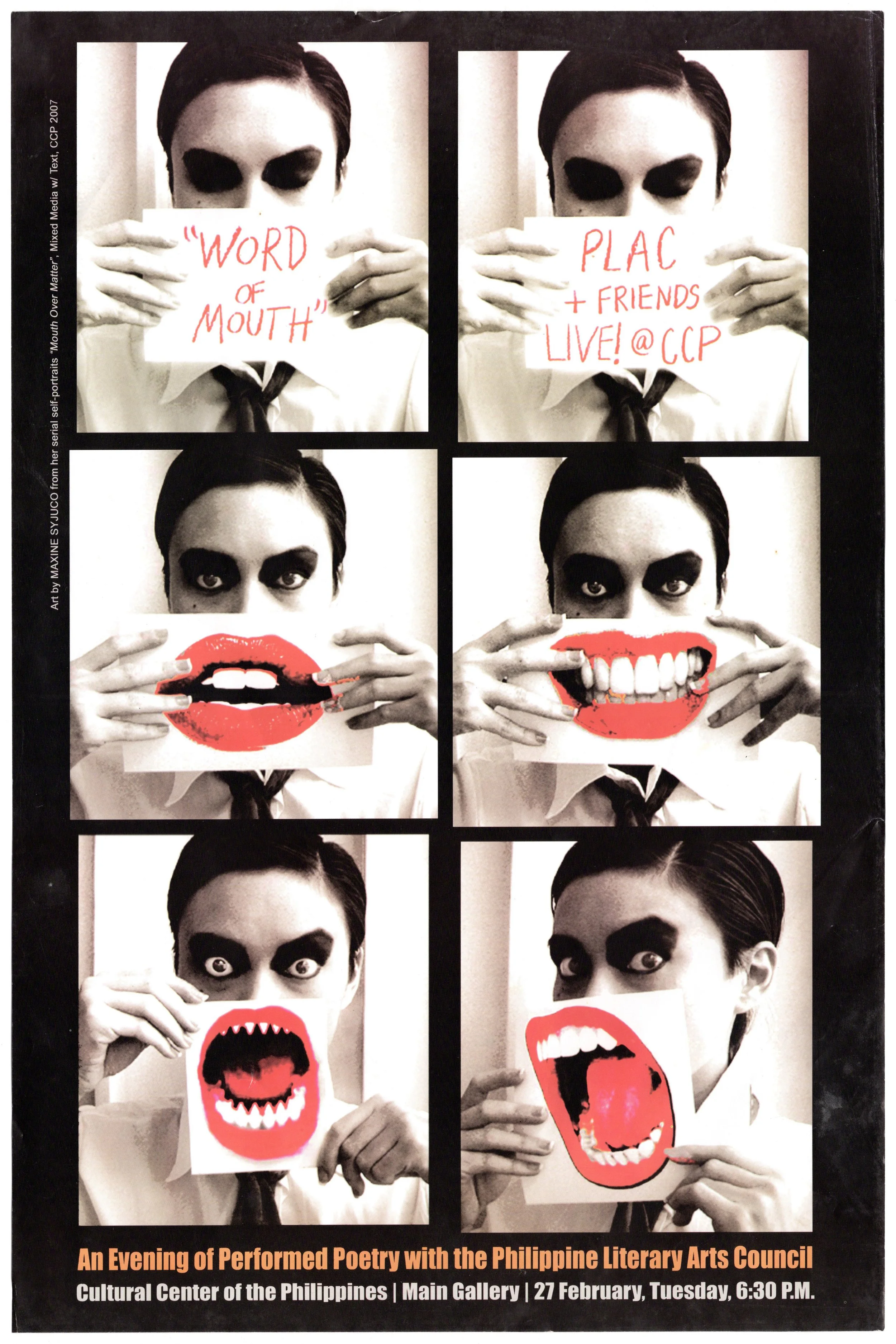 Poster featuring Maxine Syjuco for the philippine literary arts council (plac) event titled "Word of Mouth" at the cultural center of the Philippines (ccp). Art Lab: The Syjuco Museum. Library and Archives Collection.