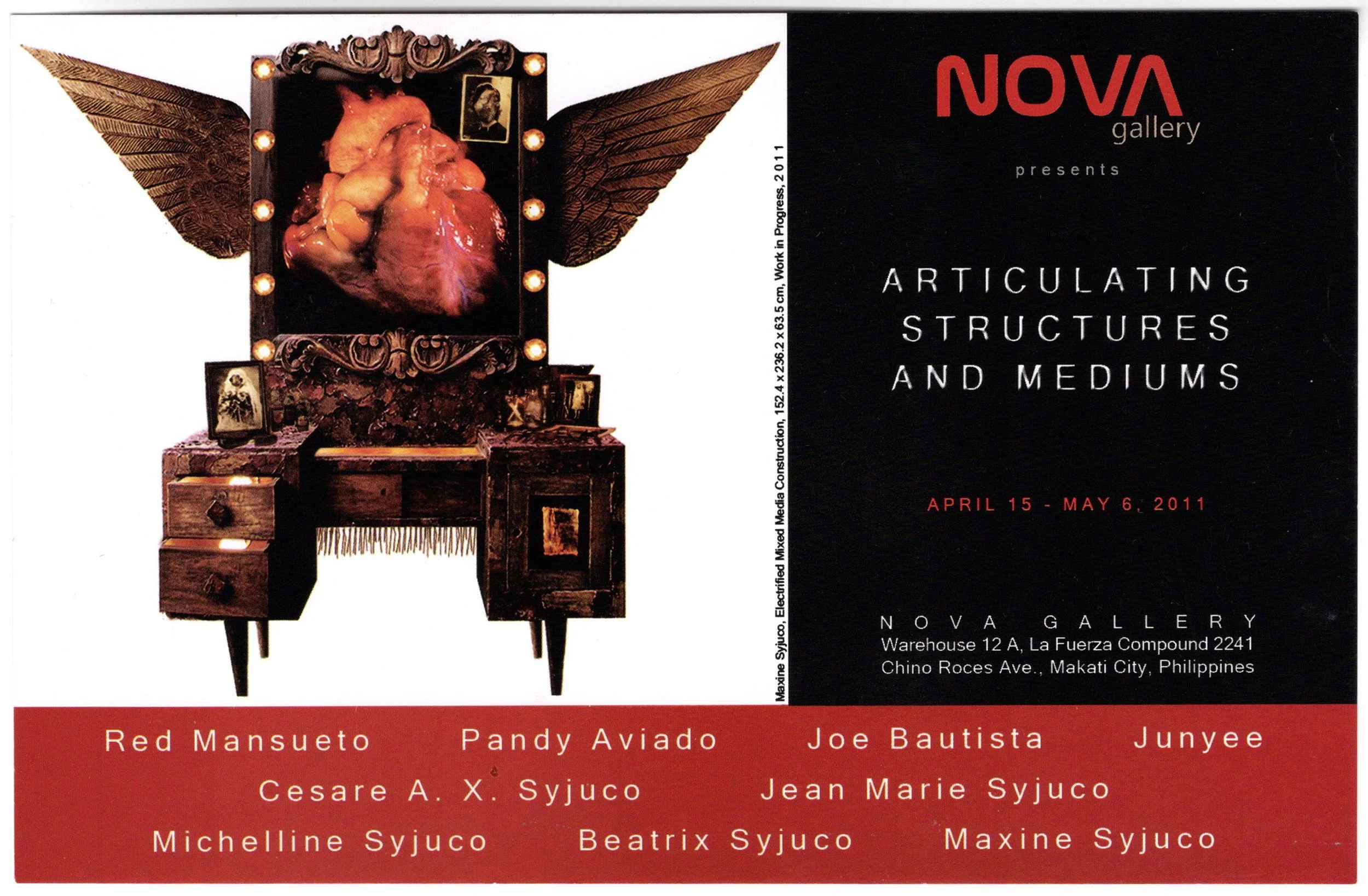 An art exhibition poster showcases a mixed media art piece by Maxine Syjuco titled "Homage to the Queen of Hearts". Titled 'Articulating Structures and Mediums' at Nova Gallery in Makati, Philippines, featuring Cesare A.X. Syjuco, Jean Marie Syjuco