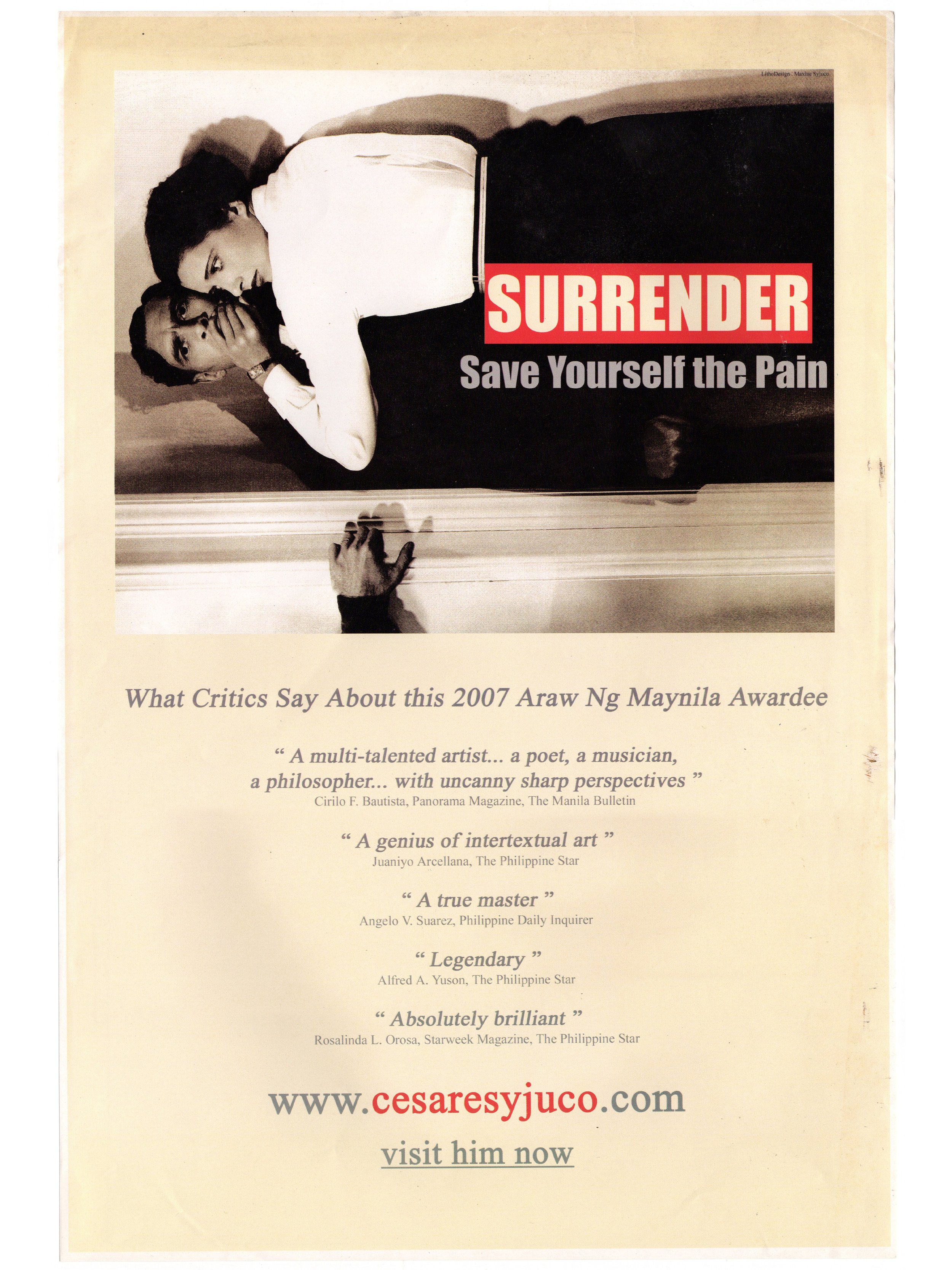 Cesare A.X. Syjuco: "What Critics Say About this 2007 Araw Ng Maynila Awardee", cesaresyjuco.com (2008) - Design by Maxine Syjuco