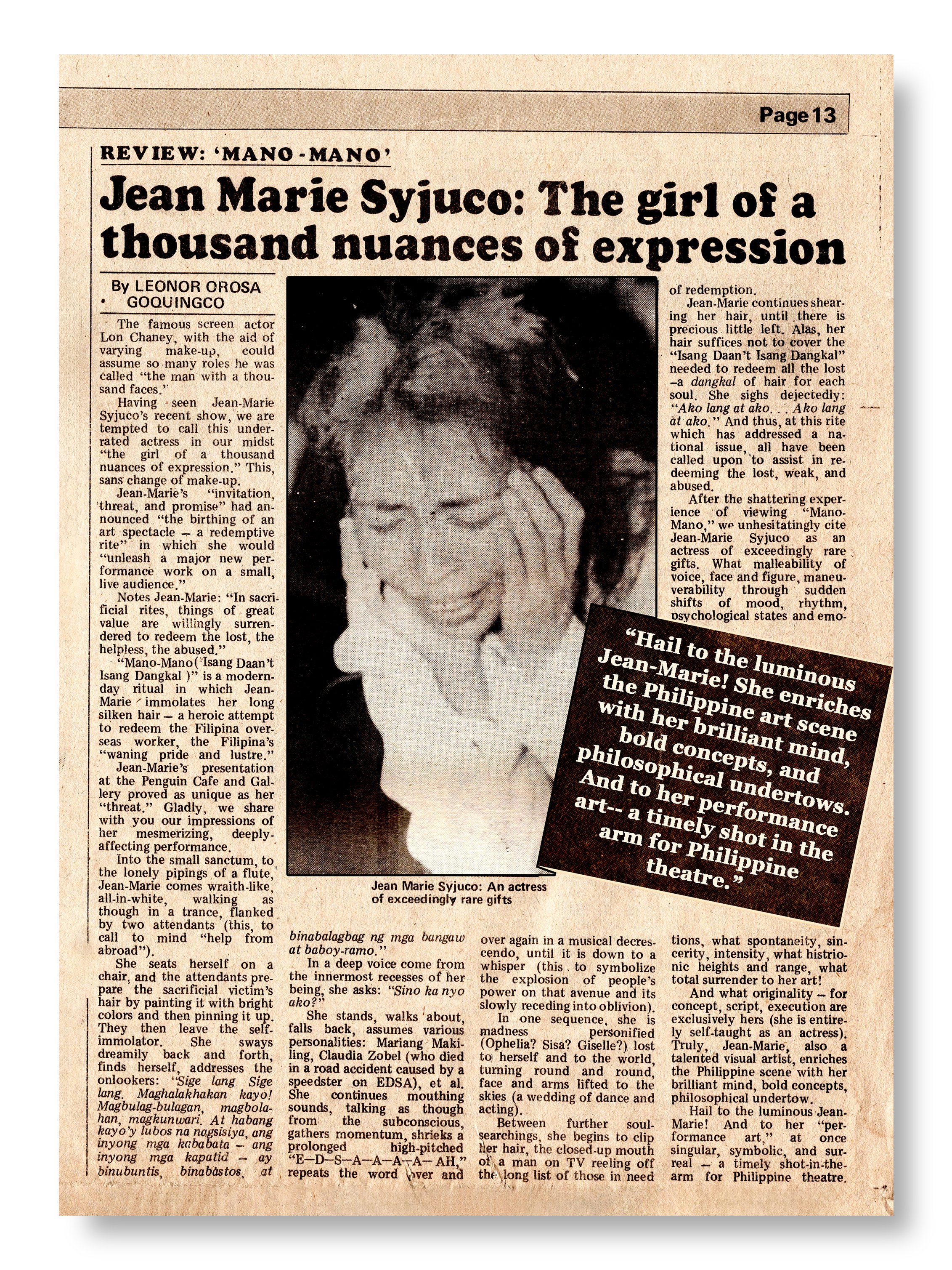 A newspaper article reviewing performance artist Jean Marie Syjuco, the pioneer of performance art in Philippines. The article is titled "Jean Marie Syjuco: The girl of a thousand nuances of expression." Written by National Artist Leonor Goquingco.