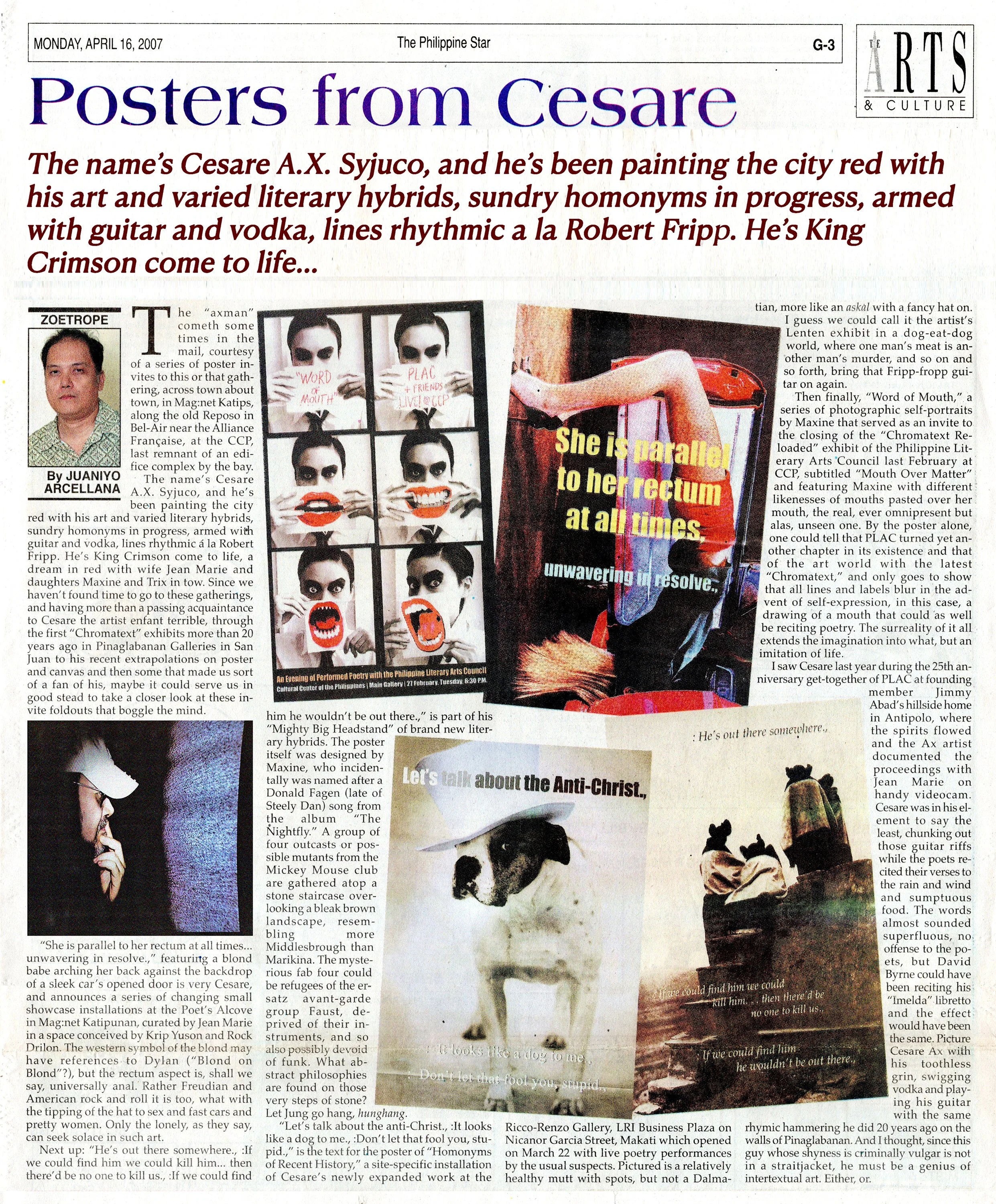 A newspaper page with various artistic posters, black and white photographs of individuals, and text discussing art and culture.