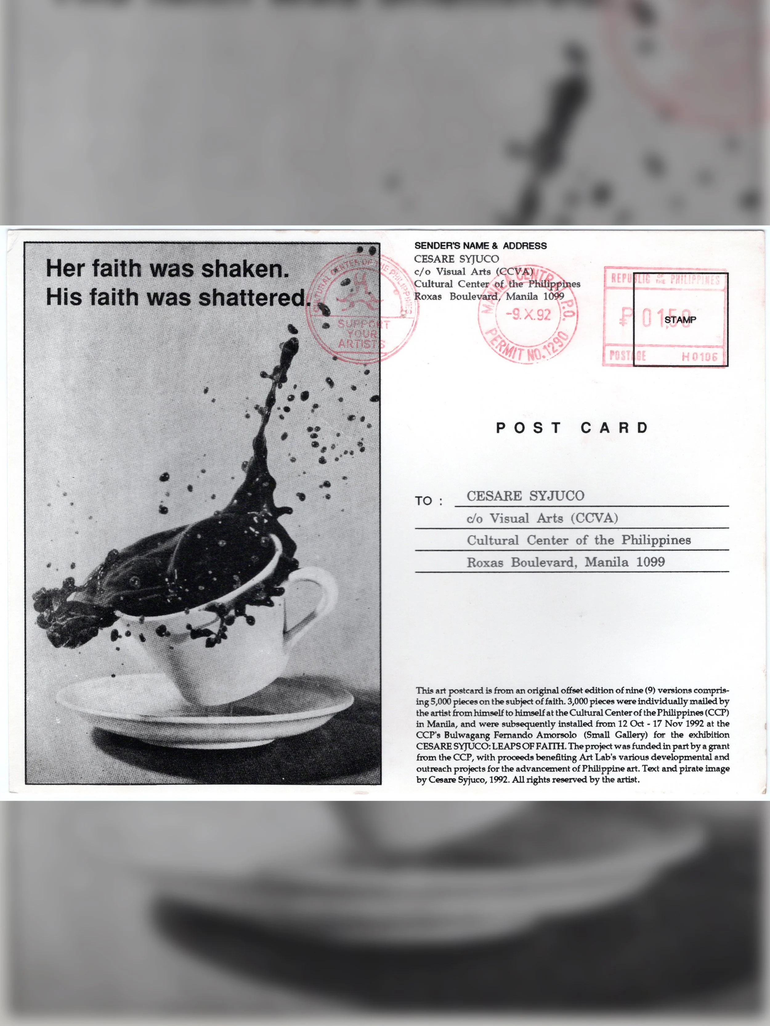 Cesare A.X. Syjuco: "Leaps of Faith (3,000 Postcards from Himself to Himself)", Cultural Center of the Philippines (1992) - Design by Cesare A.X. Syjuco