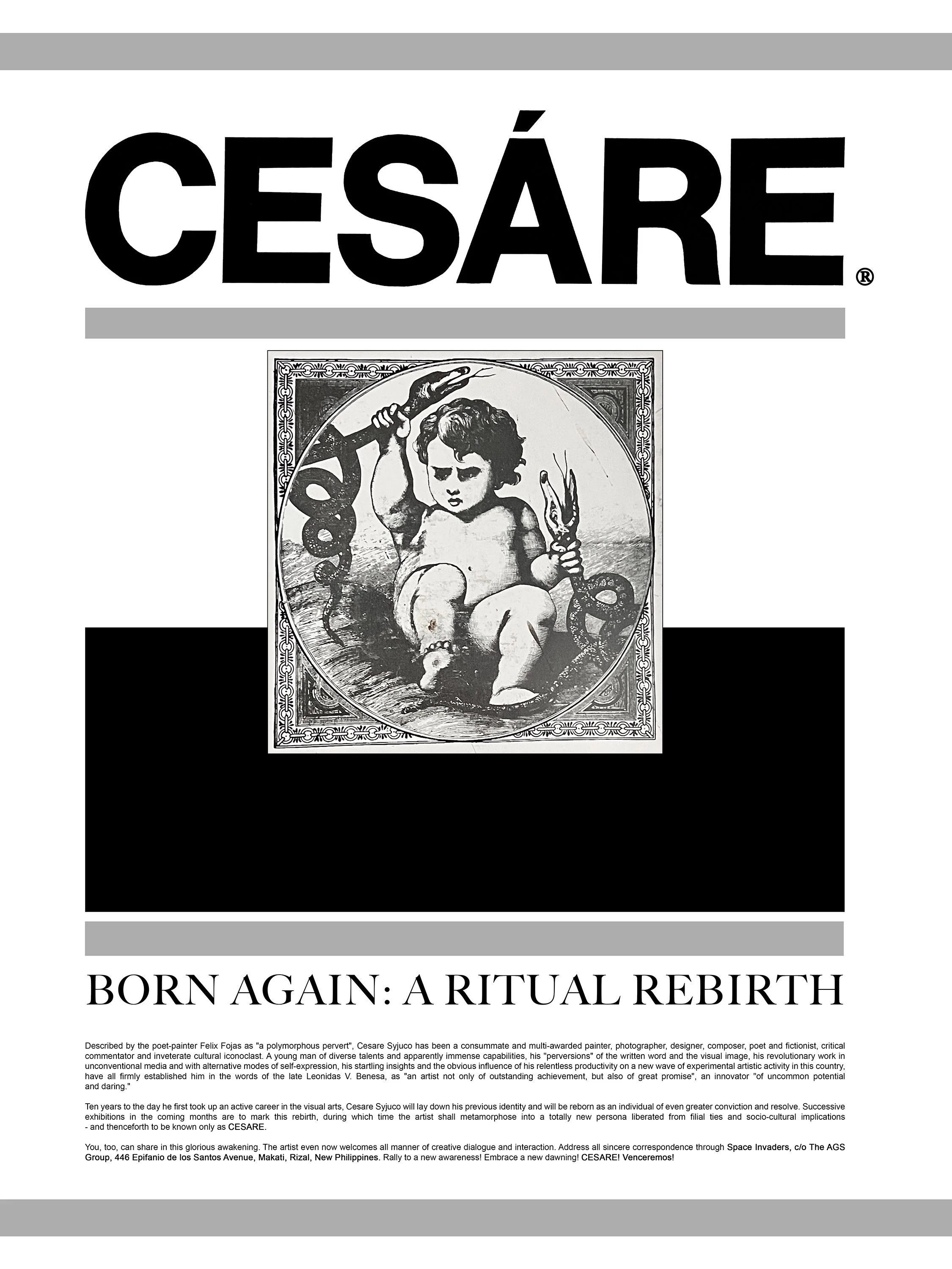 A magazine cover titled 'BORN AGAIN: A RITUAL REBIRTH' featuring a black and white illustration of a child with a serious expression, barefoot, holding a trident in one hand and a snake wrapped around the arm in the other. The background contains dec