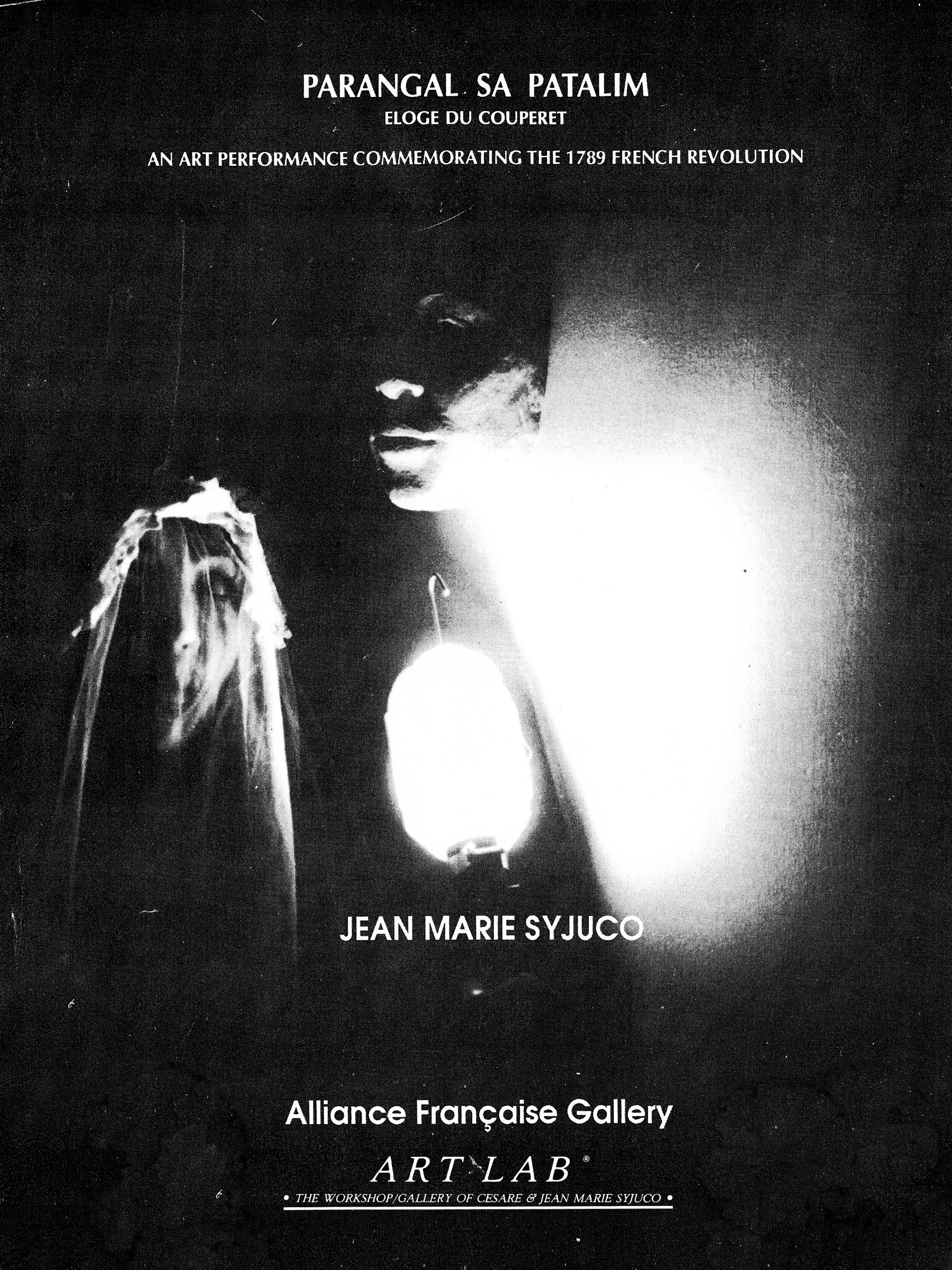 Poster for an art performance titled 'Parangal sa Patalim' by Jean Marie Syjuco, commemorating the 1789 French Revolution, held at the Alliance Française Gallery's Art Lab.