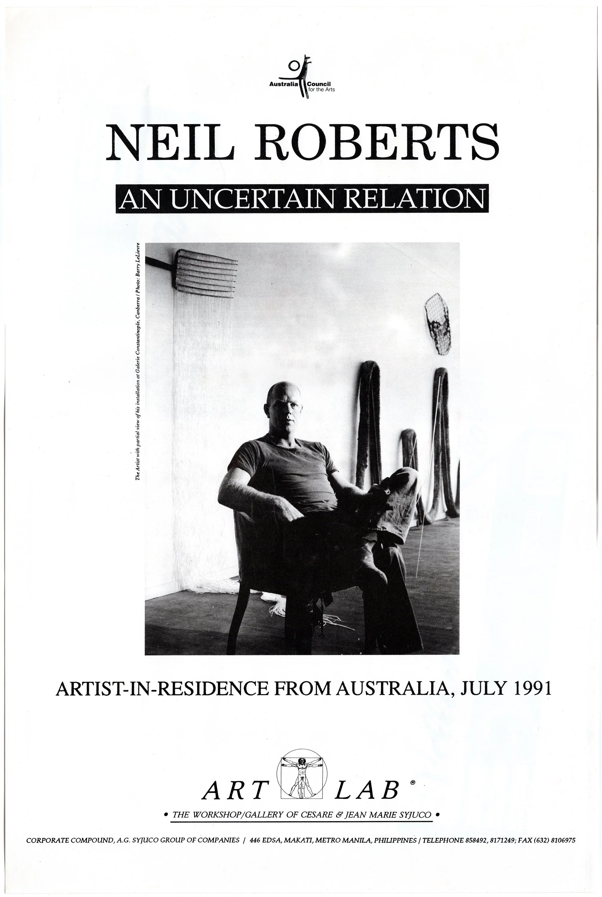 Black and white flyer for an exhibition featuring Neil Roberts with the title 'An Uncertain Relation.' The flyer shows a photo of Roberts sitting in a chair in an art studio or gallery, with art supplies and a wall hanging visible behind him. The eve