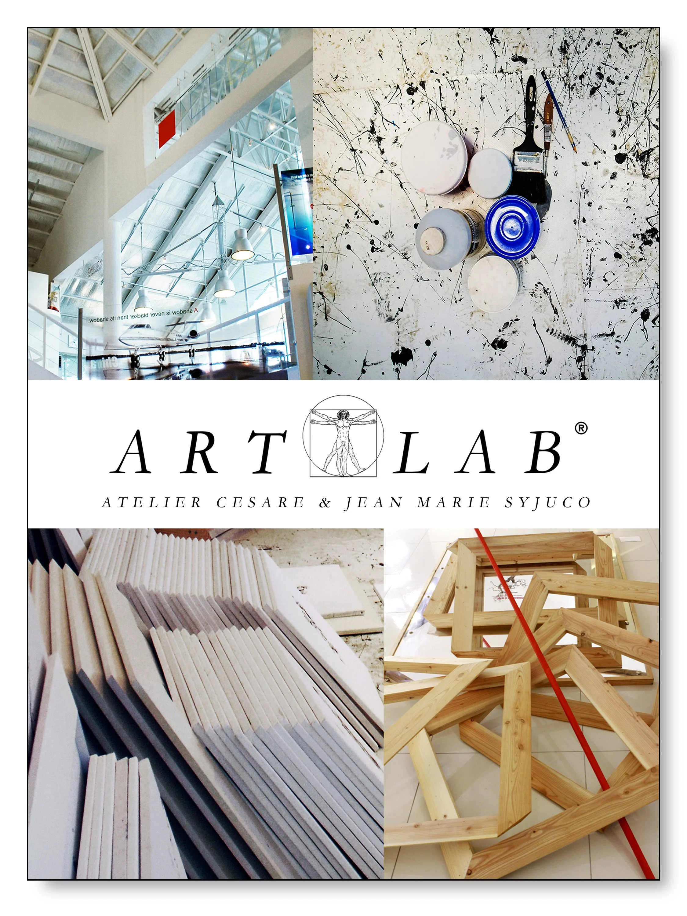 A collage of four images: the top left shows the interior of a modern building with architecture featuring large windows and metal beams; the top right shows a splattered white art canvas with paintbrushes and paint containers on top; the bottom left displays a close-up of neatly stacked white wooden sticks; the bottom right features an incomplete wooden structure with a red line running diagonally across the display.