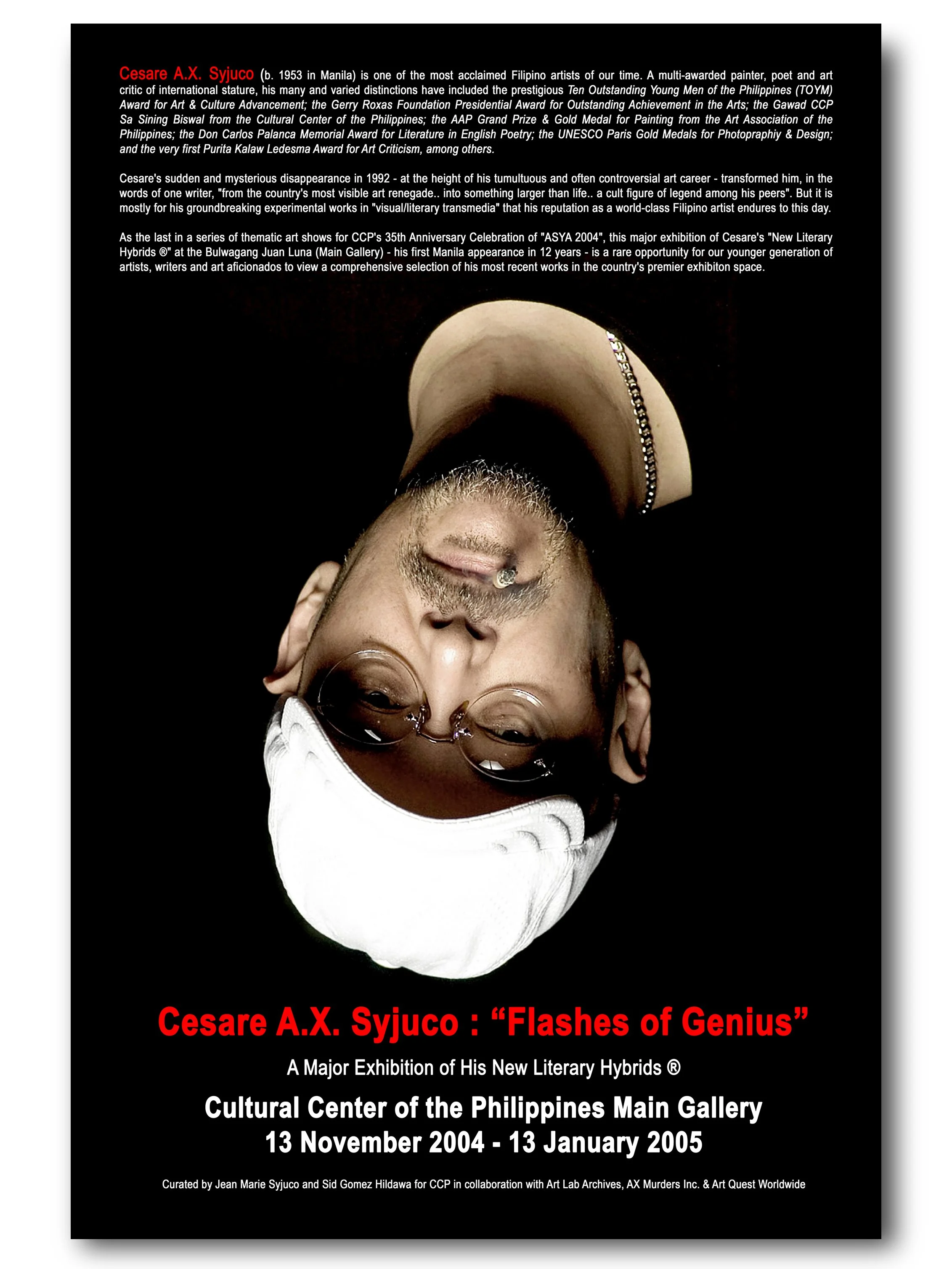 Cesare A.X. Syjuco - Flashes of Genius Exhibit at the Cultural Center of the Philippines CCP - portrait of the artist upside down - comeback exhibit features Cesare's literary hybrids (fusion of poetry and visual art) - curated by Jean Marie Syjuco