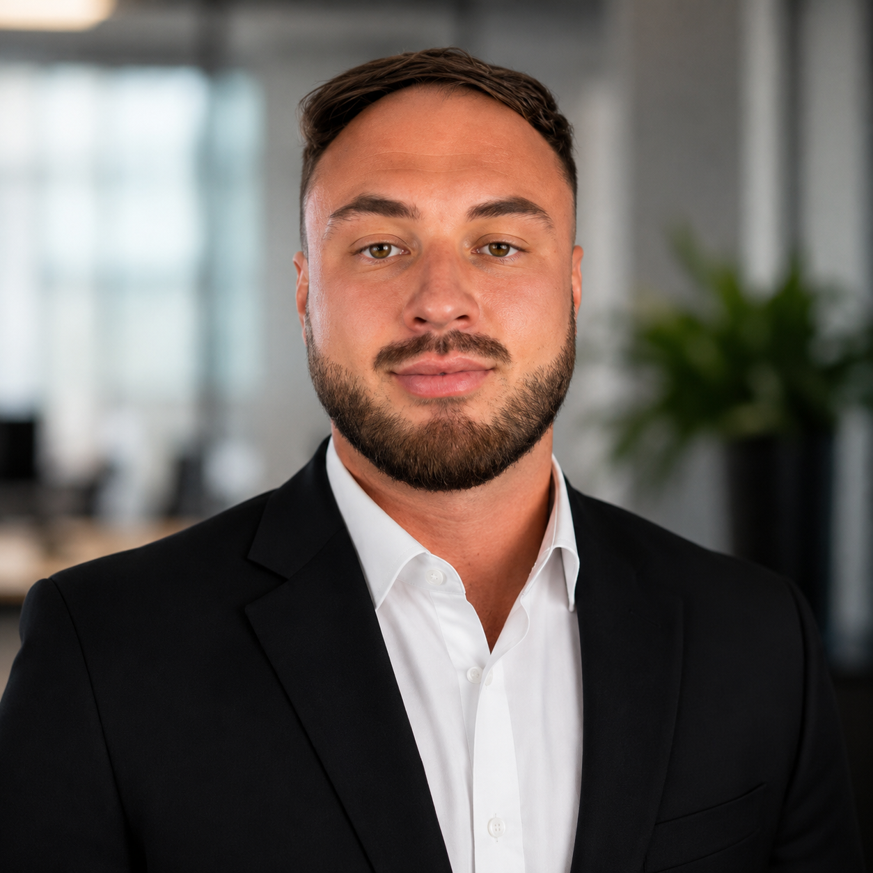 A portrait of a young man with short brown hair and a beard, wearing a black suit jacket and a white dress shirt, standing indoors with a blurred office background and a green plant.