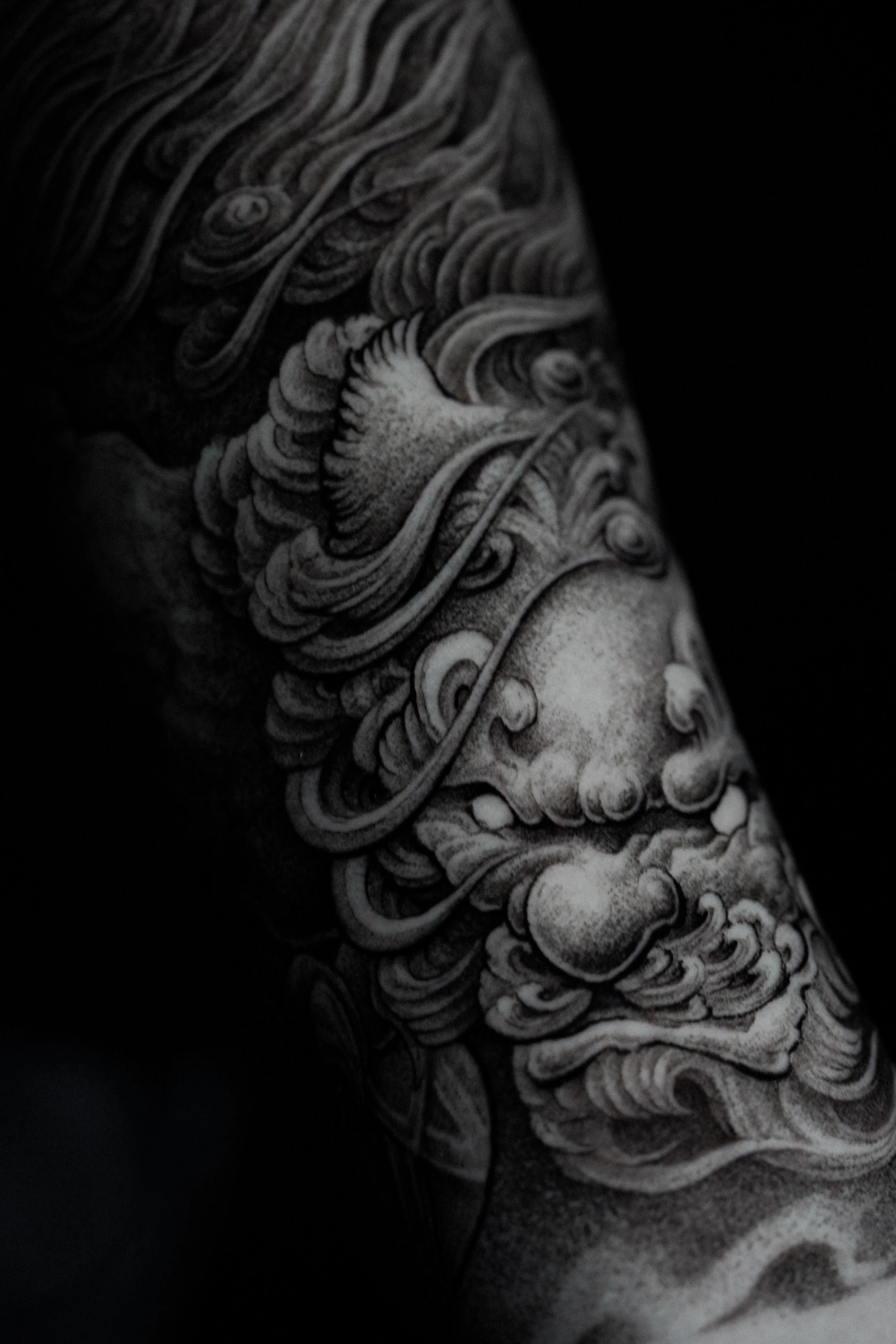 Japanese-inspired black and grey tattoo by Sasorii, Owner and Artist at Noxvale Studio.