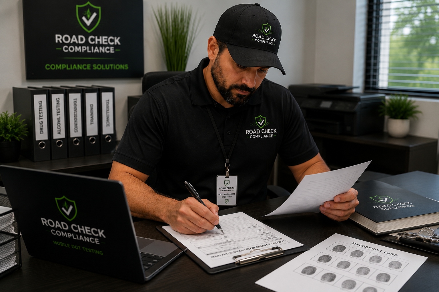 Man in black Road Check Compliance uniform sitting at desk, reviewing documents, with logo displayed on cap, shirt, laptop, and wall sign, office setting with plants and printer in background.